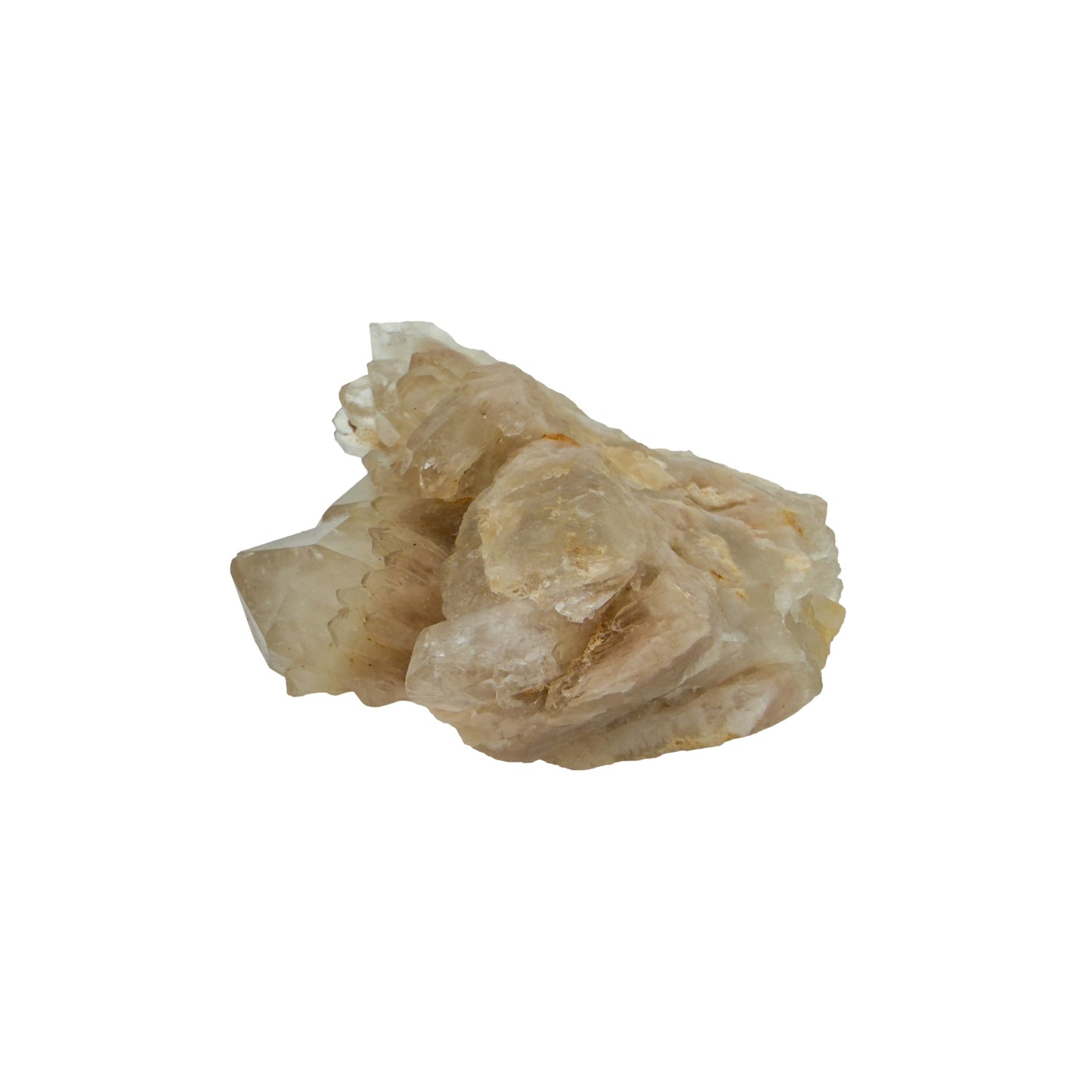 The angled three-quarter view of citrine cluster no. 16, 1.52 inches tall, soft golden colour with smoky grey zoning.