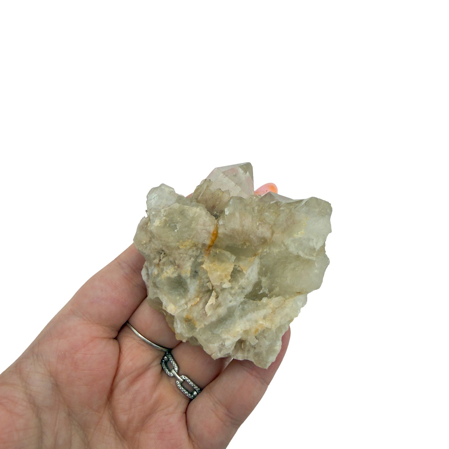 Natural citrine cluster no. 16 held in an open hand, showing the true scale of this 2.40 inch, 0.28 pound piece.