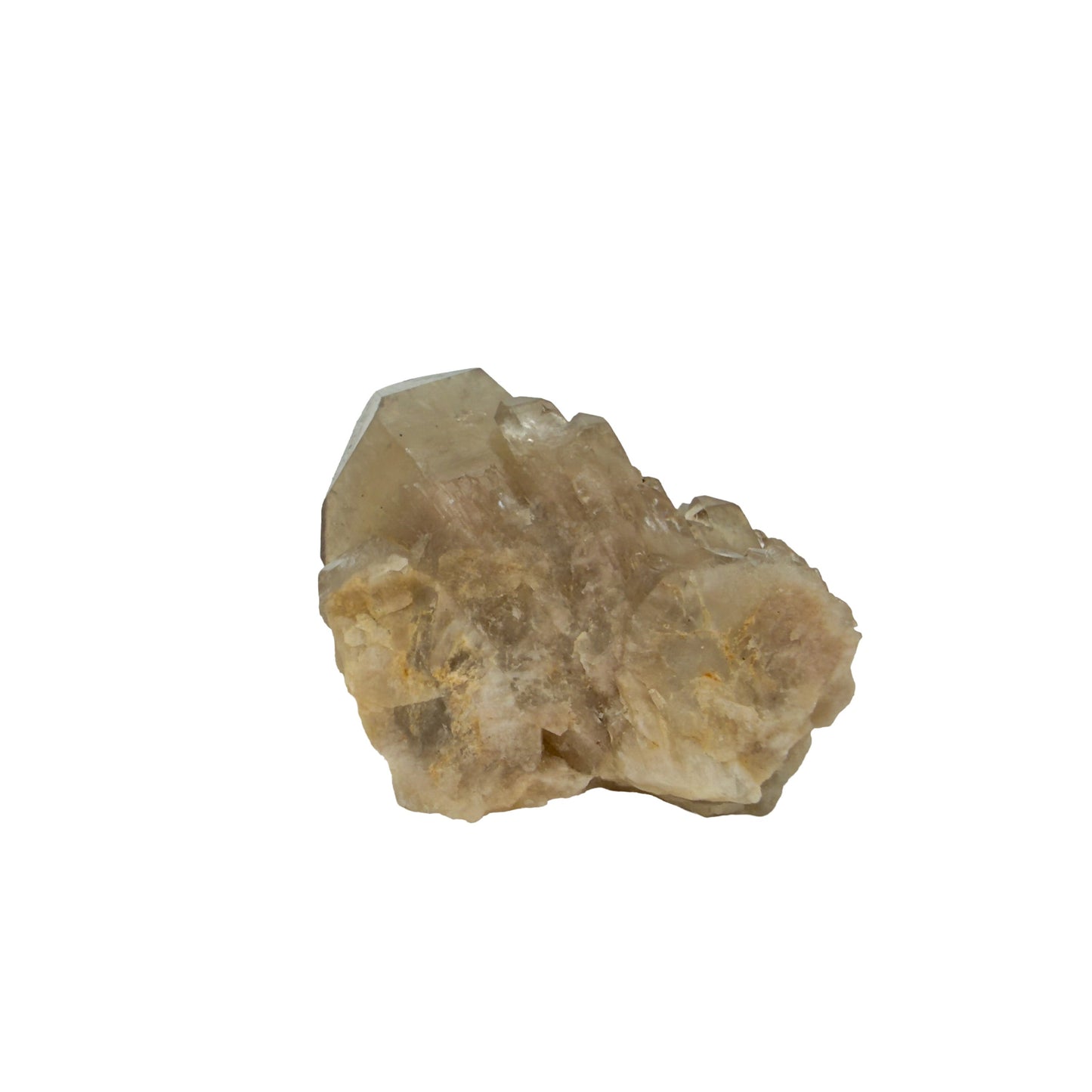 Angled three-quarter view of natural citrine no. 18, 2.89 inches across, terminations catching light along the top edge.