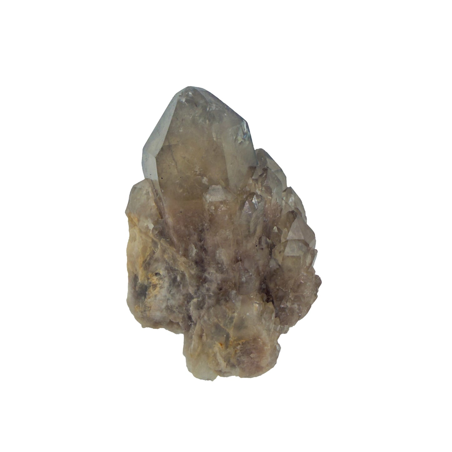 Reverse side of a 0.25 pound natural citrine cluster, no. 18, showing pale amber crystal faces over a raw base.