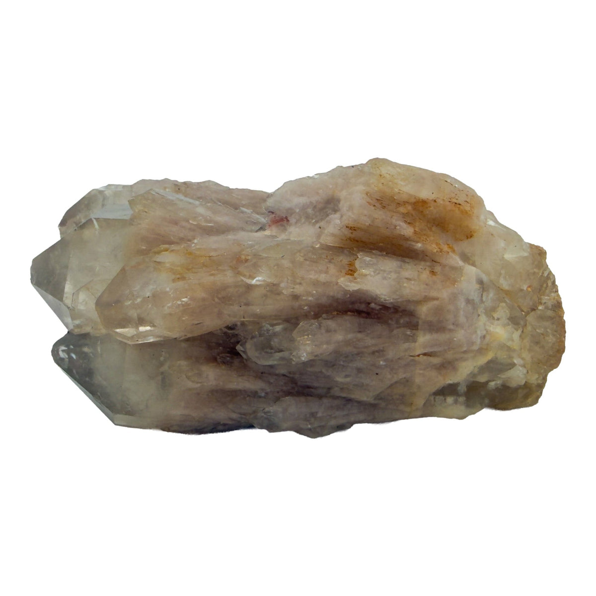 Right profile of a 0.28 pound natural citrine cluster, no. 19, showing pale amber crystal faces over a raw base.