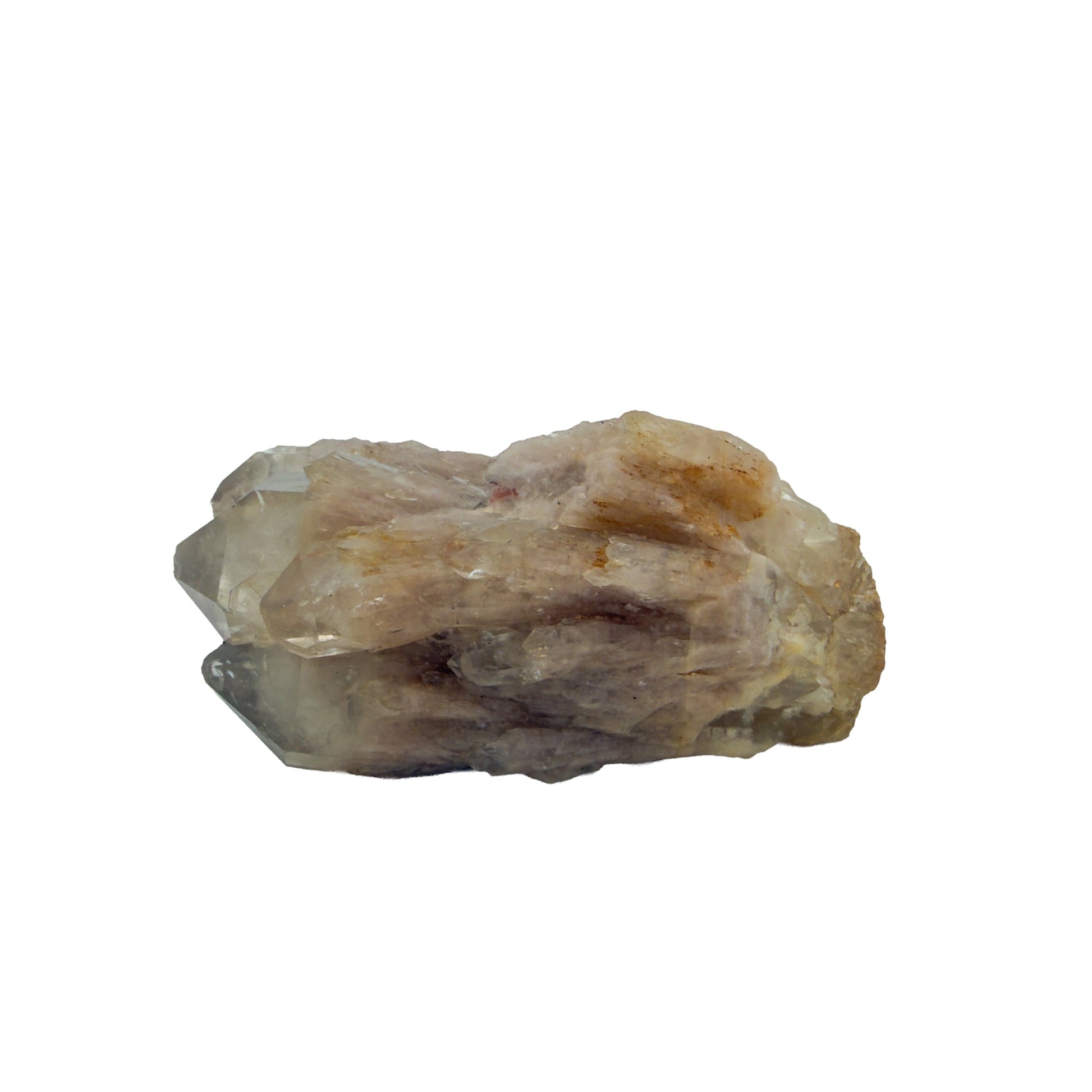 Right profile of a 0.28 pound natural citrine cluster, no. 19, showing pale amber crystal faces over a raw base.