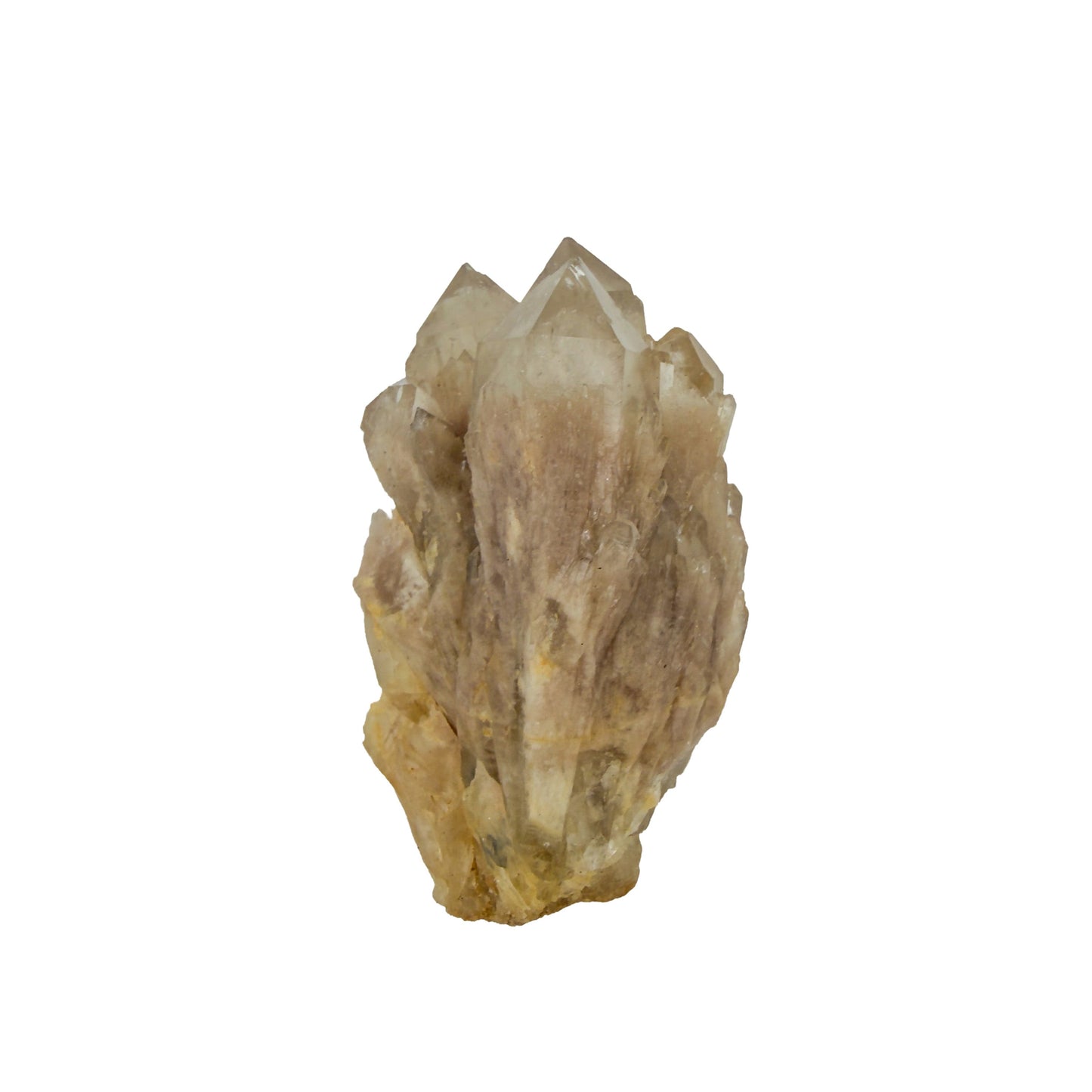 The top-down view of citrine cluster no. 19, 1.73 inches tall, soft golden colour with smoky grey zoning.