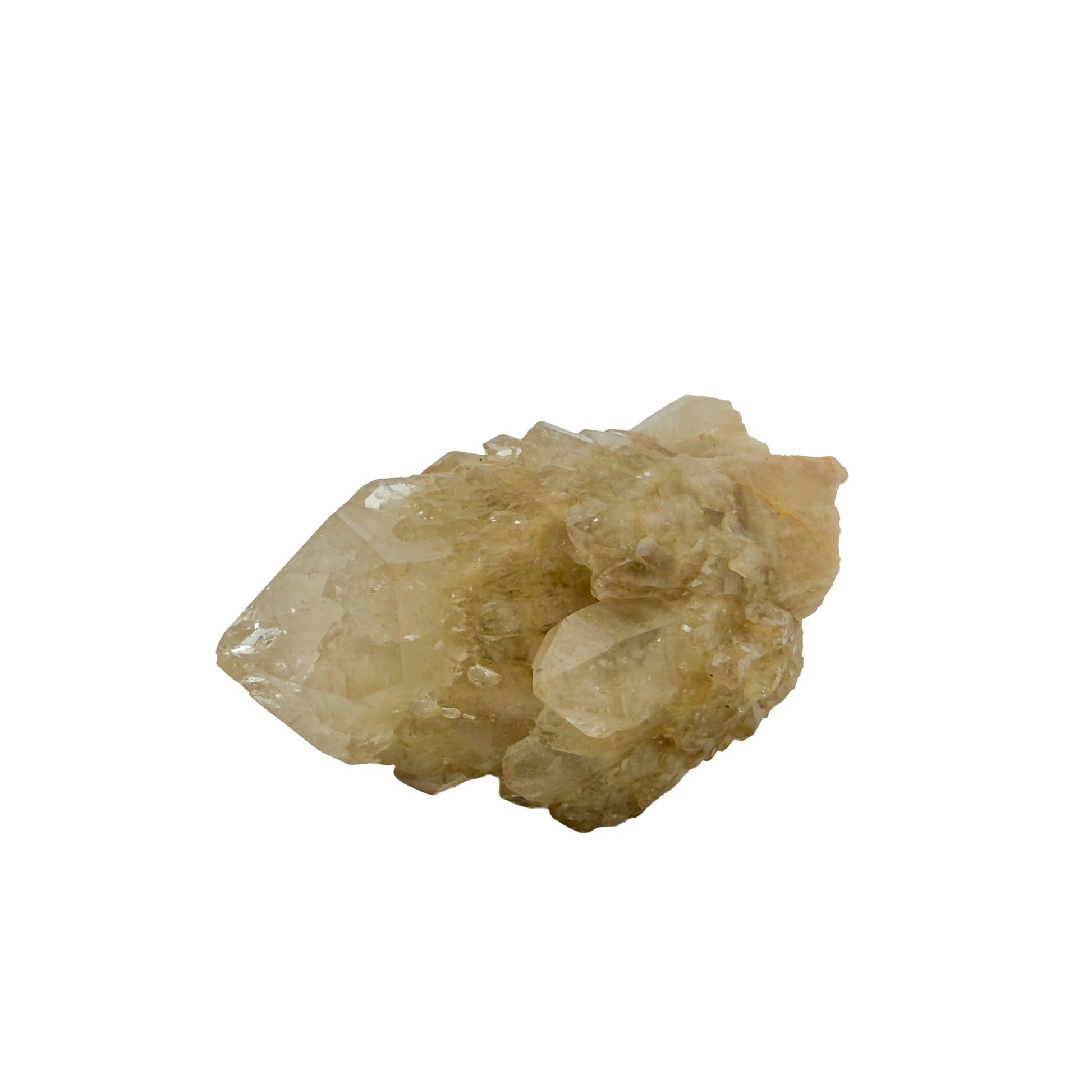 A-grade natural citrine cluster no. 20 from Haut-Lomami, DR Congo, angled three-quarter view, honey-toned quartz terminations, 2.06 inches long.