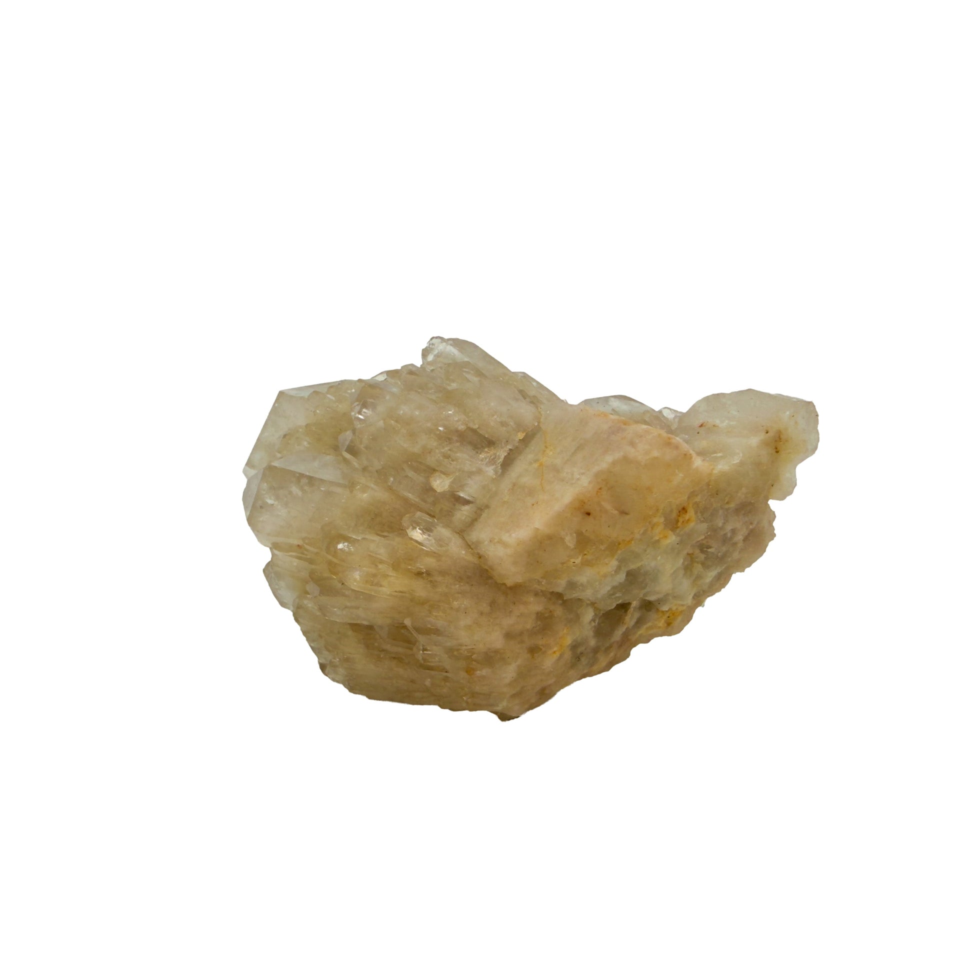 Left profile of a 0.39 pound natural citrine cluster, no. 20, showing pale amber crystal faces over a raw base.