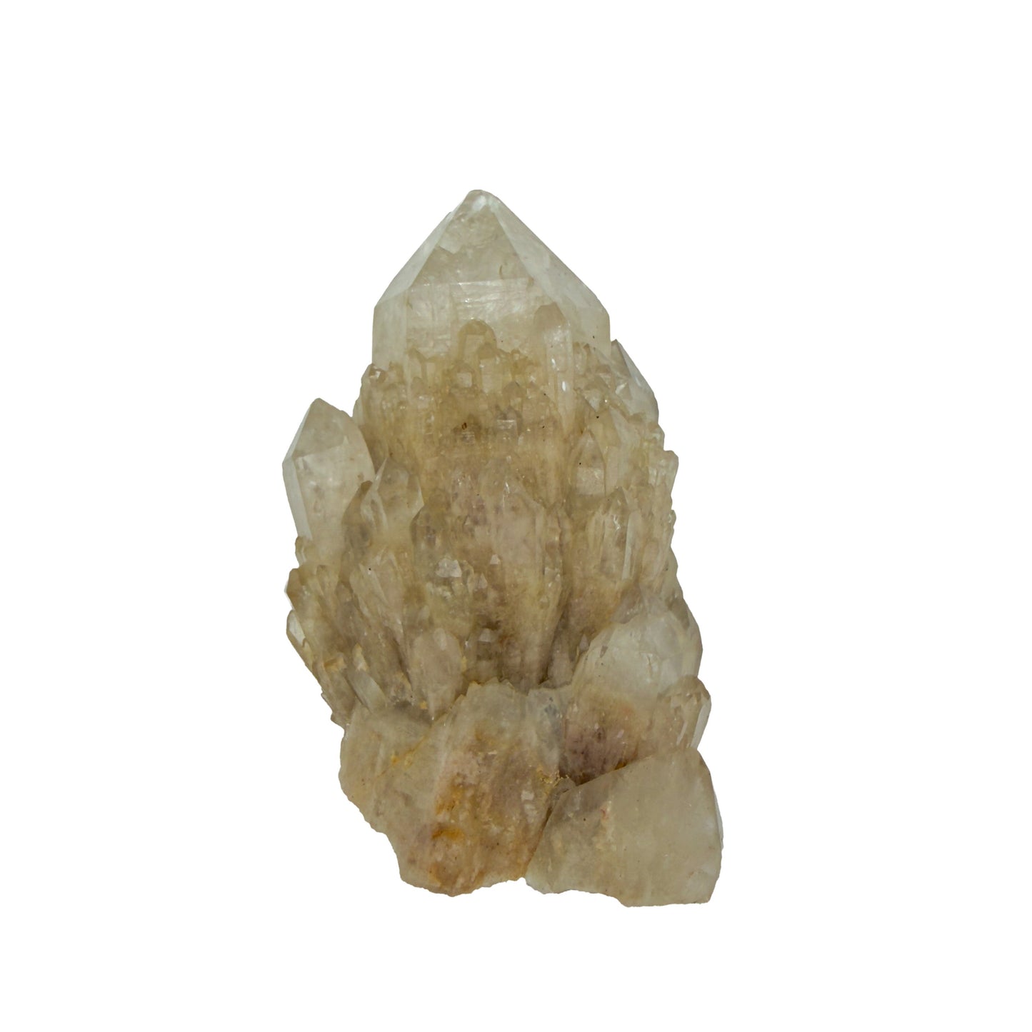 The reverse side of citrine cluster no. 20, 2.49 inches tall, soft golden colour with smoky grey zoning.