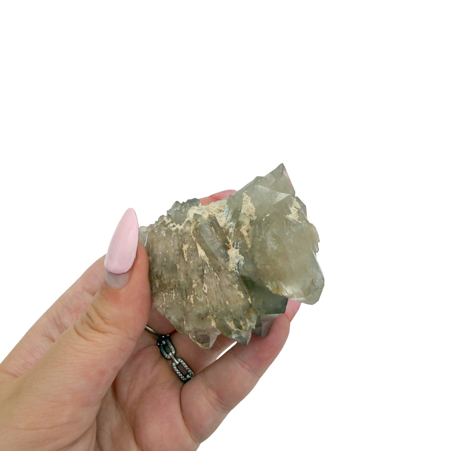 Natural citrine cluster no. 21 held in an open hand, showing the true scale of this 2.01 inch, 0.25 pound piece.