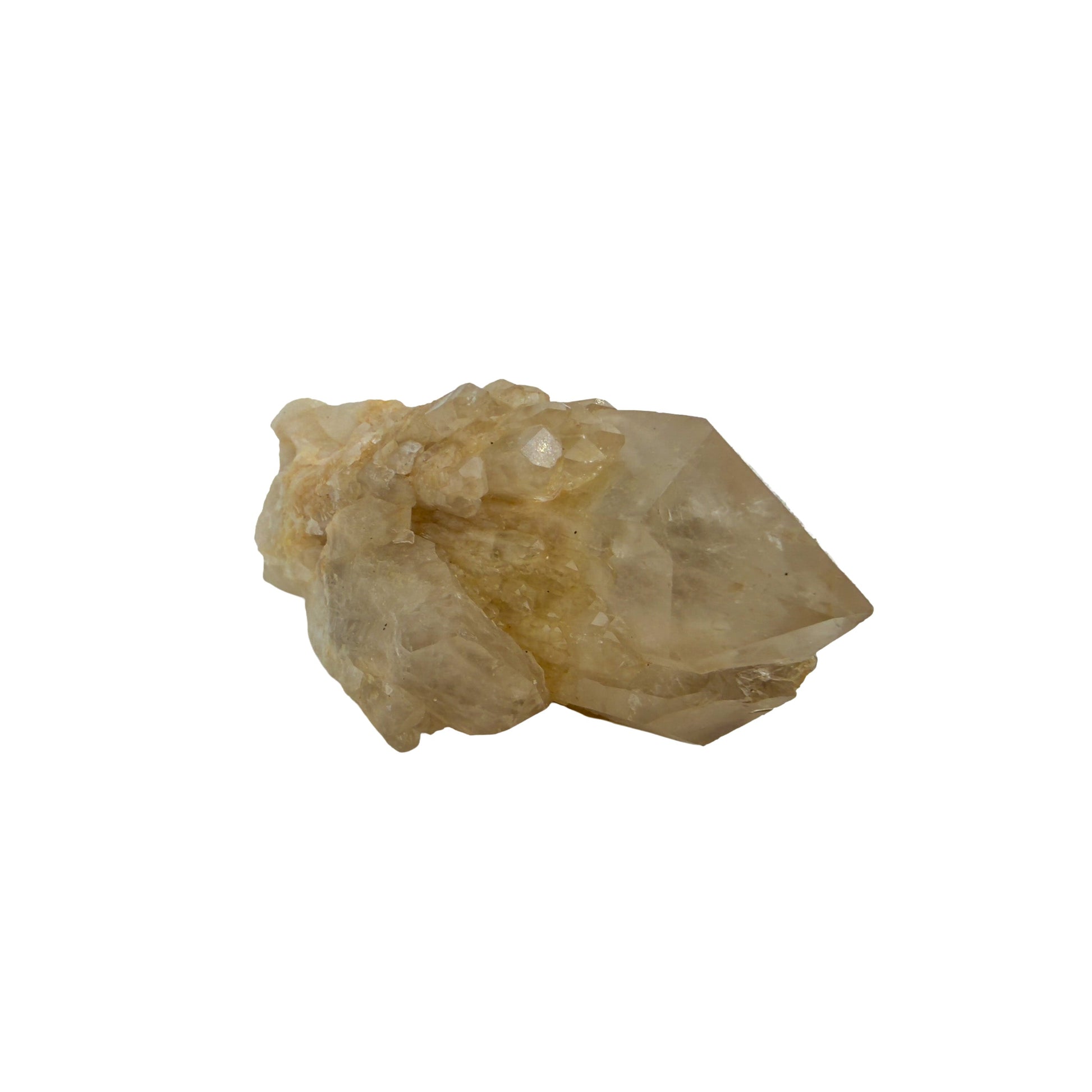Untreated citrine specimen no. 24 seen from the angled three-quarter view, 0.35 lb of naturally yellow quartz from the DR Congo.