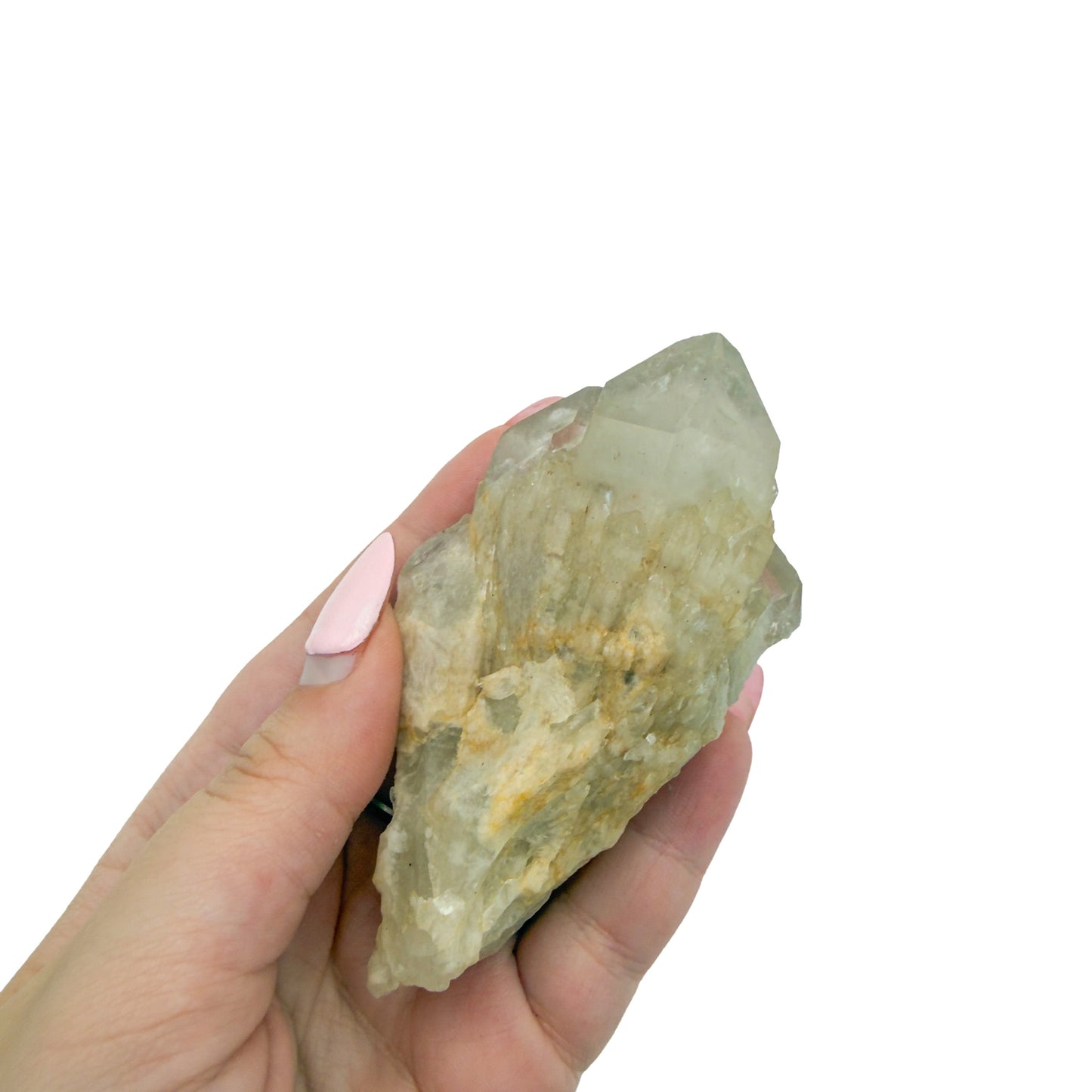 Citrine cluster no. 24 cupped in a hand, giving a sense of its 1.81 inch height and 0.35 pound weight.
