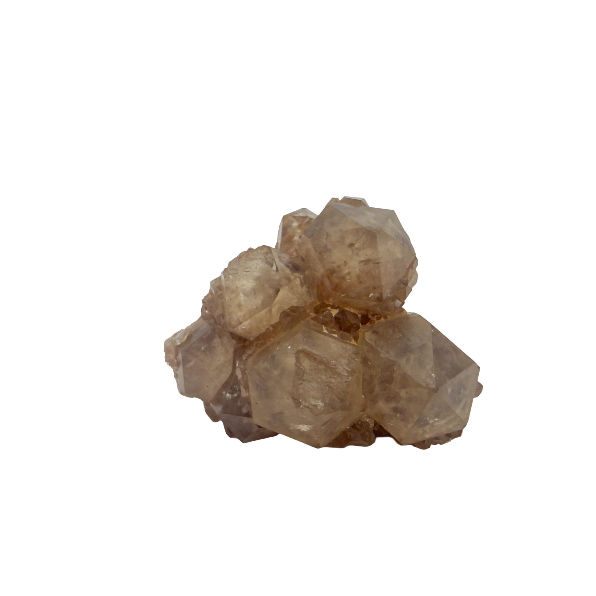 Angled three-quarter view of natural citrine no. 25, 2.71 inches across, terminations catching light along the top edge.