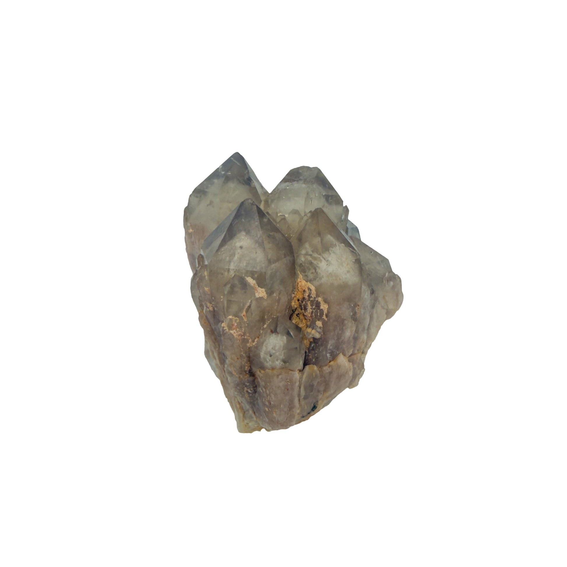Reverse side of a 0.32 pound natural citrine cluster, no. 25, showing pale amber crystal faces over a raw base.
