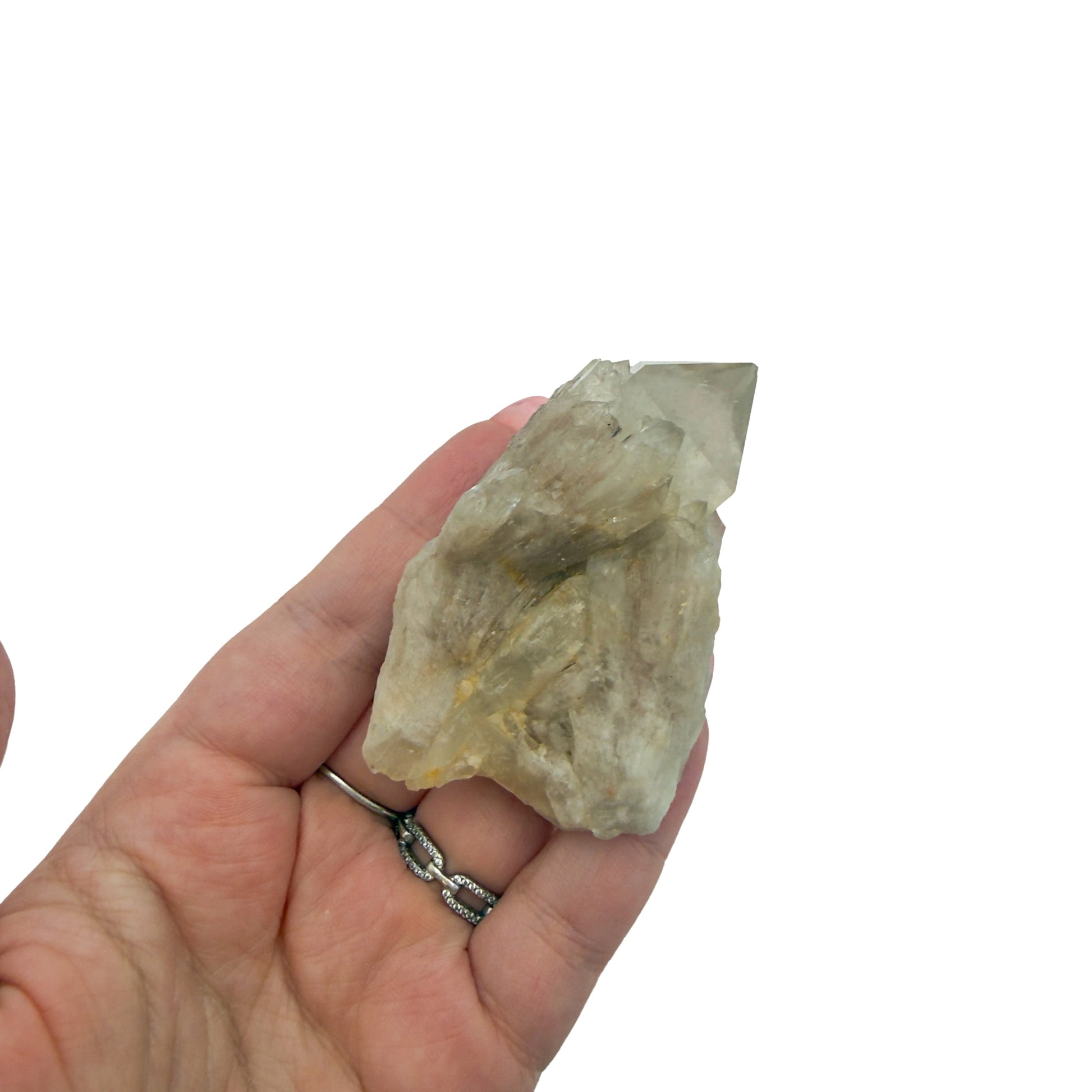 Natural citrine cluster no. 26 held in an open hand, showing the true scale of this 2.58 inch, 0.25 pound piece.