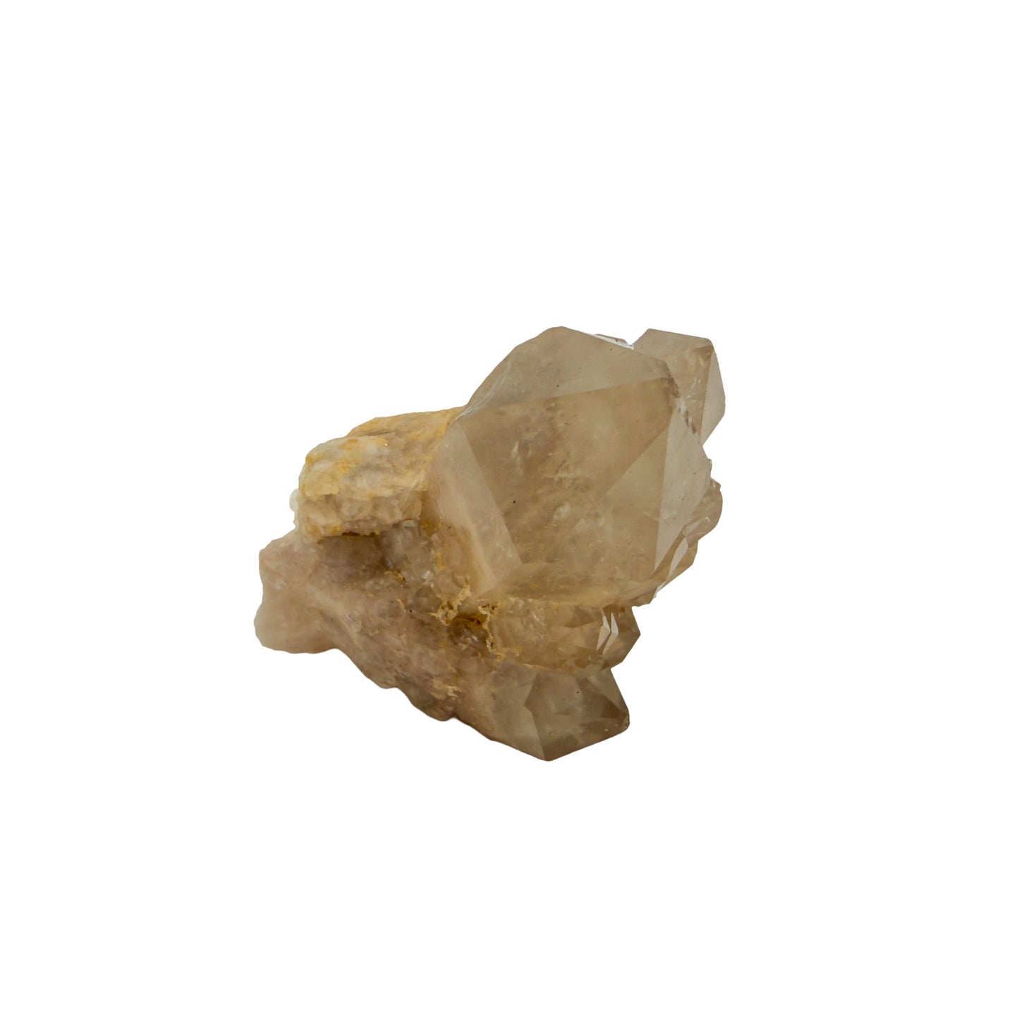 A-grade natural citrine cluster no. 27 from Haut-Lomami, DR Congo, angled three-quarter view, honey-toned quartz terminations, 2.58 inches long.