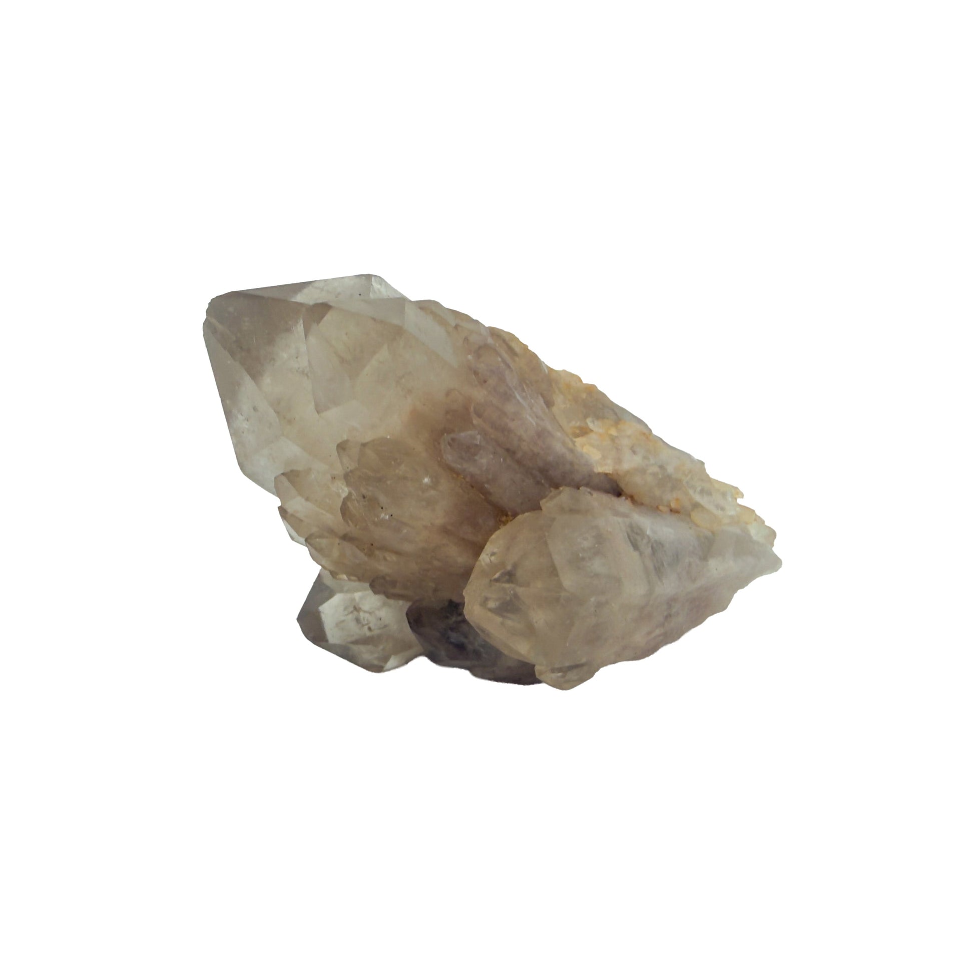 Left profile of a 0.27 pound natural citrine cluster, no. 27, showing pale amber crystal faces over a raw base.