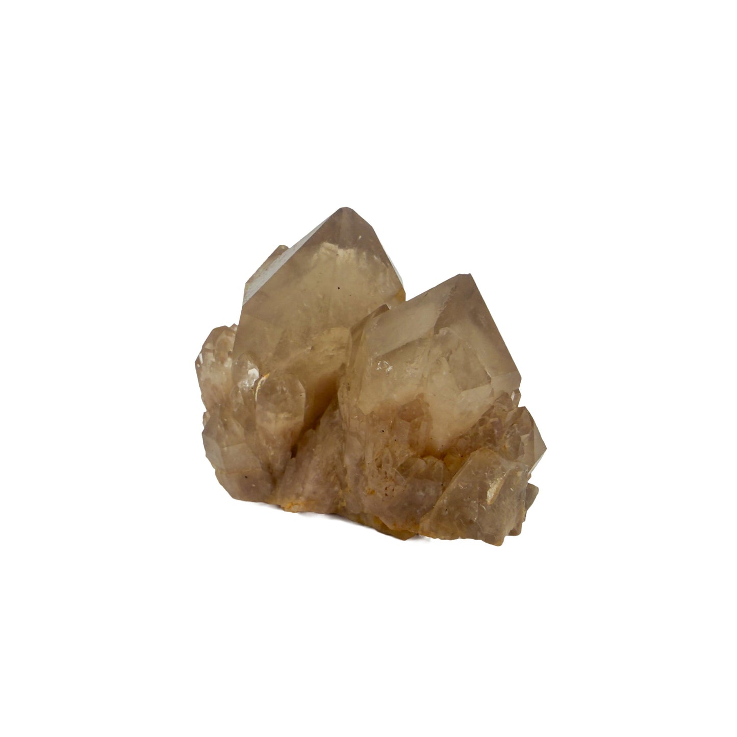 Angled three-quarter view of a 0.21 pound natural citrine cluster, no. 28, showing pale amber crystal faces over a raw base.