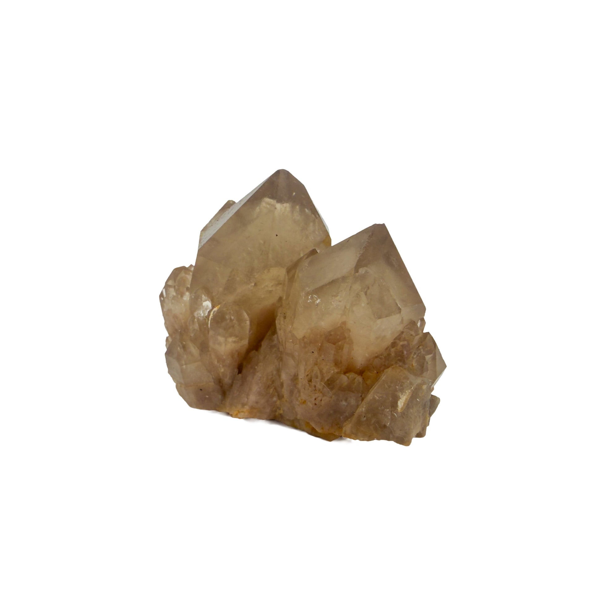 Angled three-quarter view of a 0.21 pound natural citrine cluster, no. 28, showing pale amber crystal faces over a raw base.