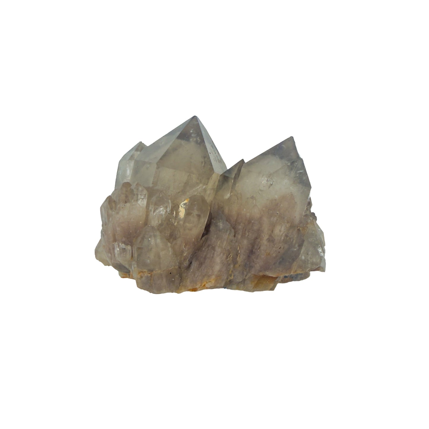 Top-down view of natural citrine no. 28, 2.16 inches across, terminations catching light along the top edge.