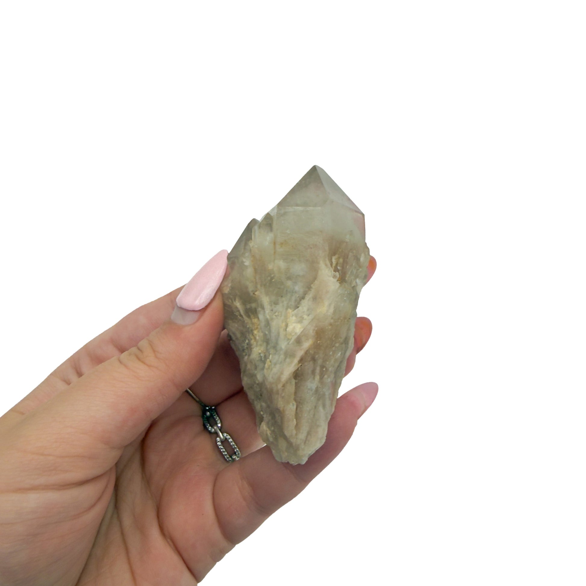 Citrine cluster no. 29 cupped in a hand, giving a sense of its 1.31 inch height and 0.22 pound weight.