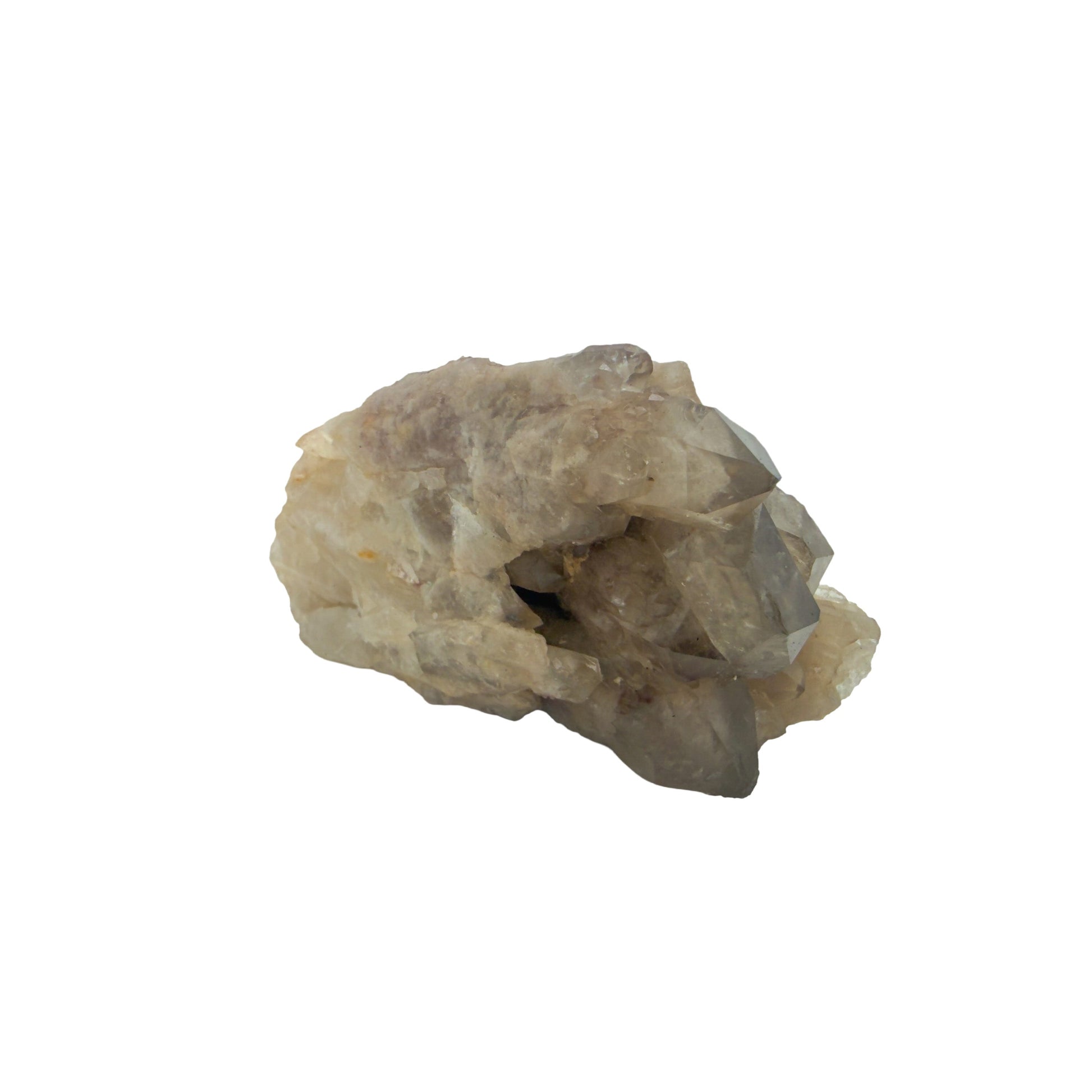 The angled three-quarter view of citrine cluster no. 30, 2.01 inches tall, soft golden colour with smoky grey zoning.