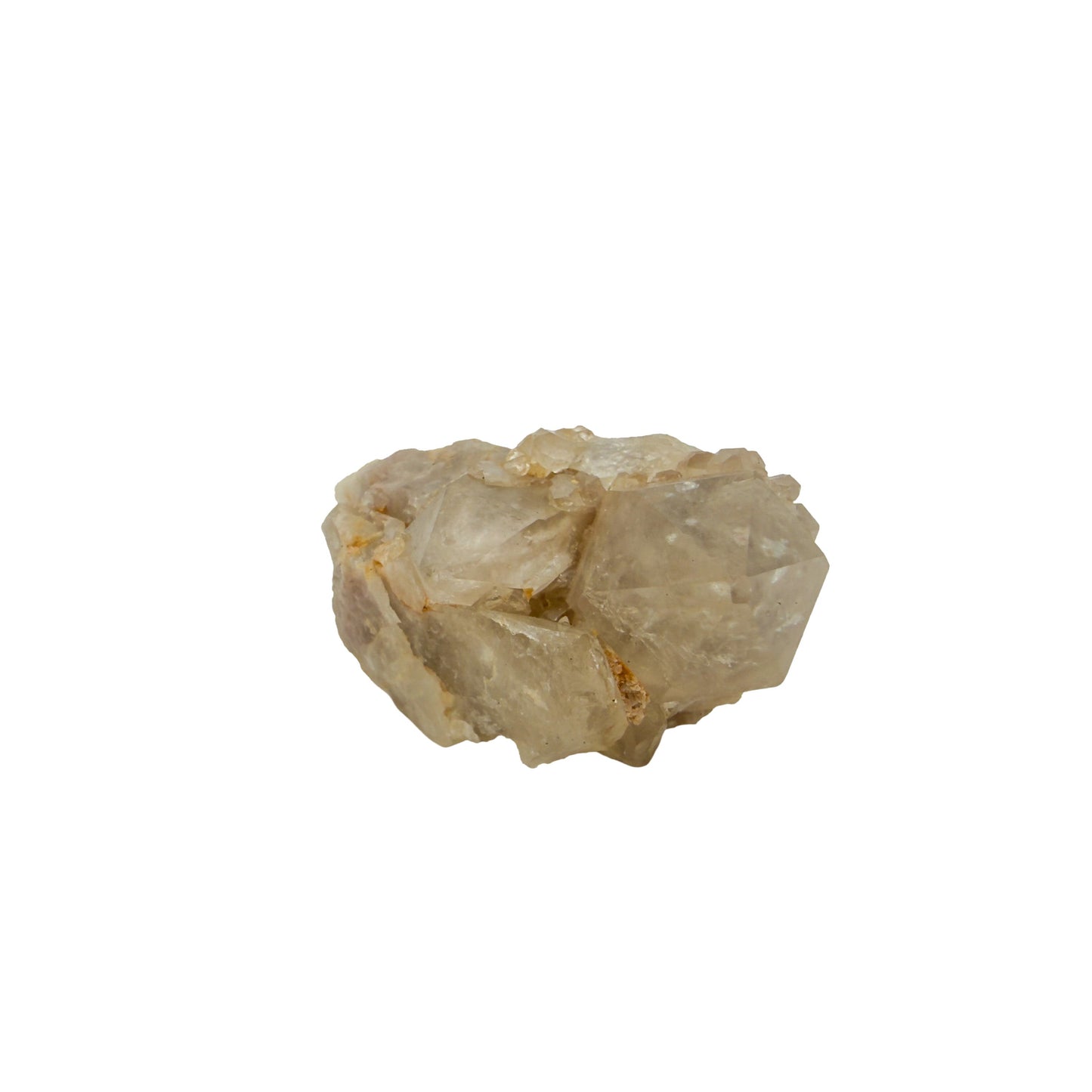 Angled three-quarter view of natural citrine no. 32, 2.80 inches across, terminations catching light along the top edge.
