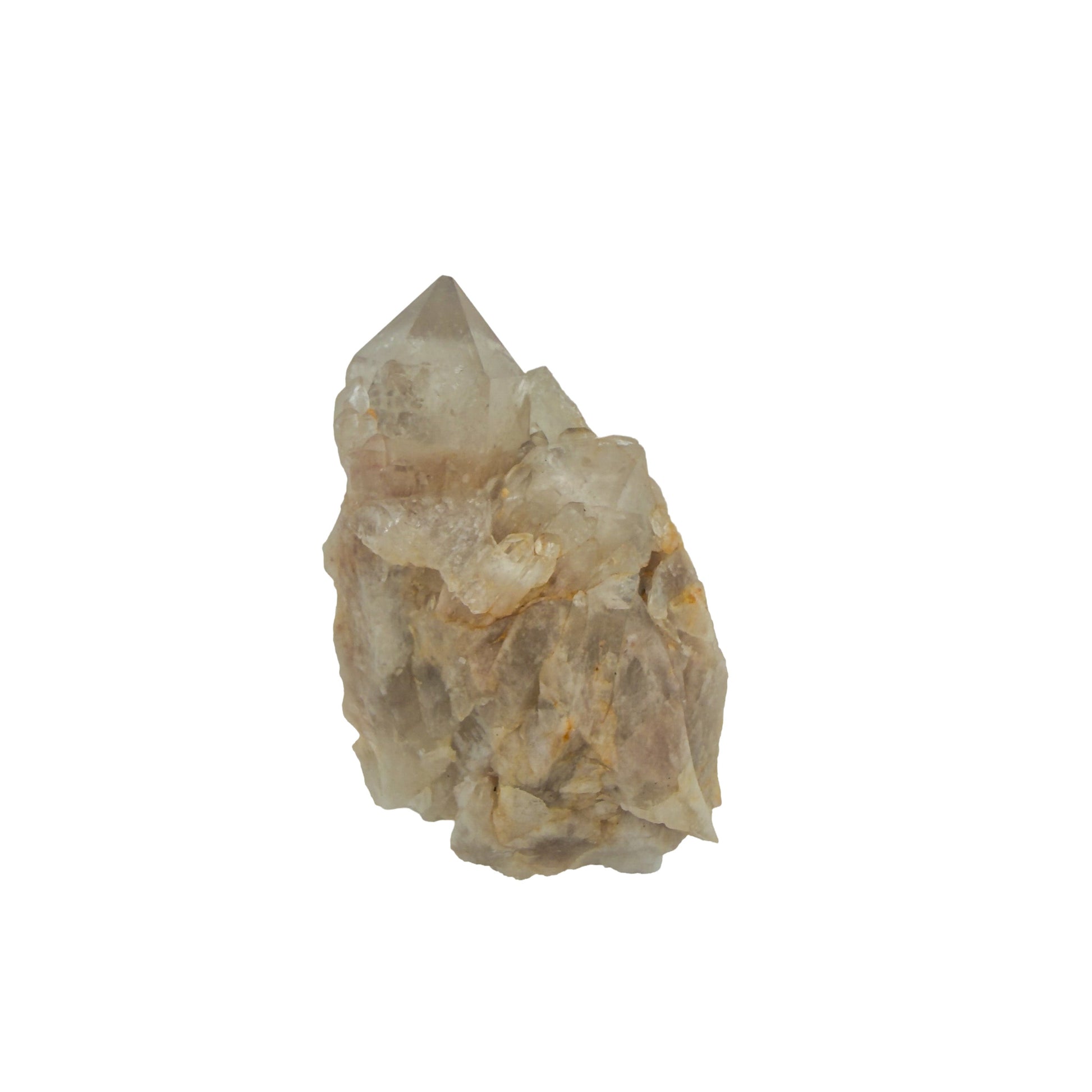 Reverse side of a 0.25 pound natural citrine cluster, no. 32, showing pale amber crystal faces over a raw base.