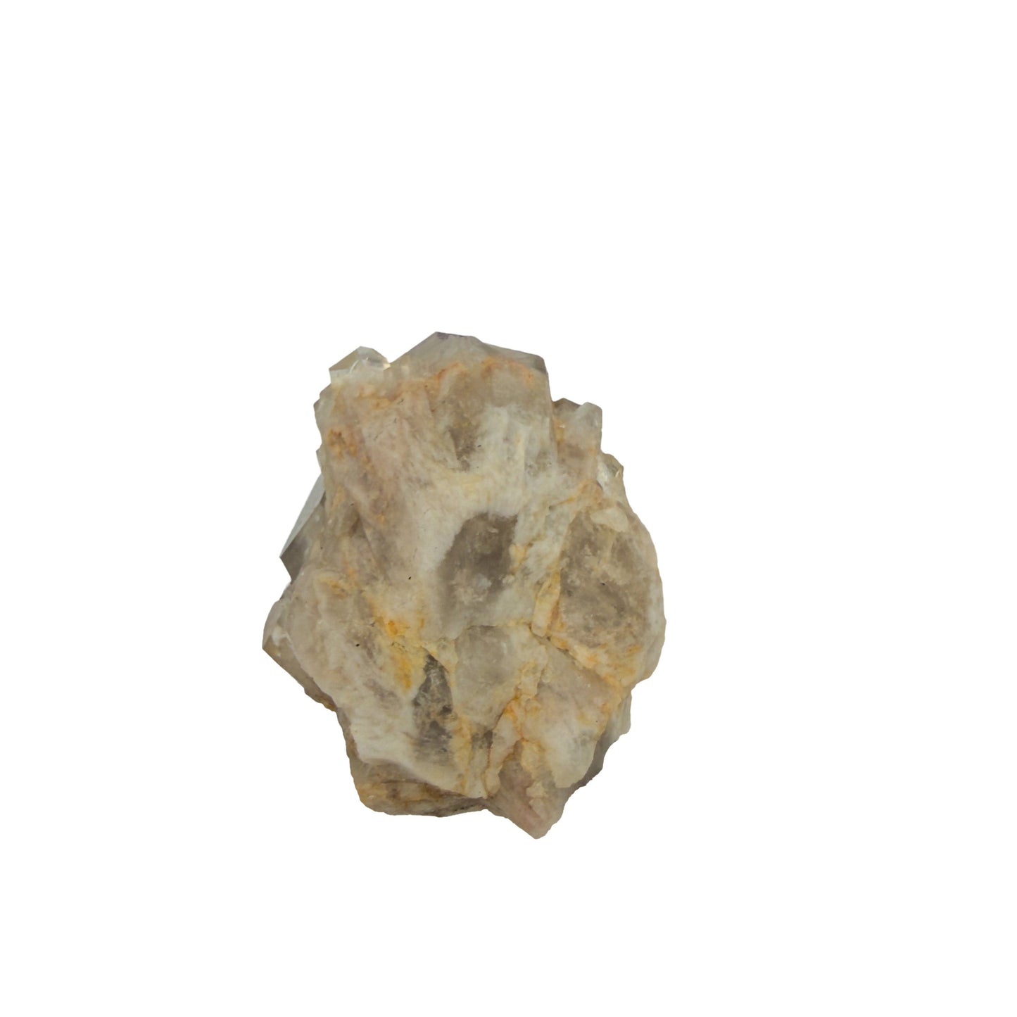 The top-down view of citrine cluster no. 33, 1.54 inches tall, soft golden colour with smoky grey zoning.
