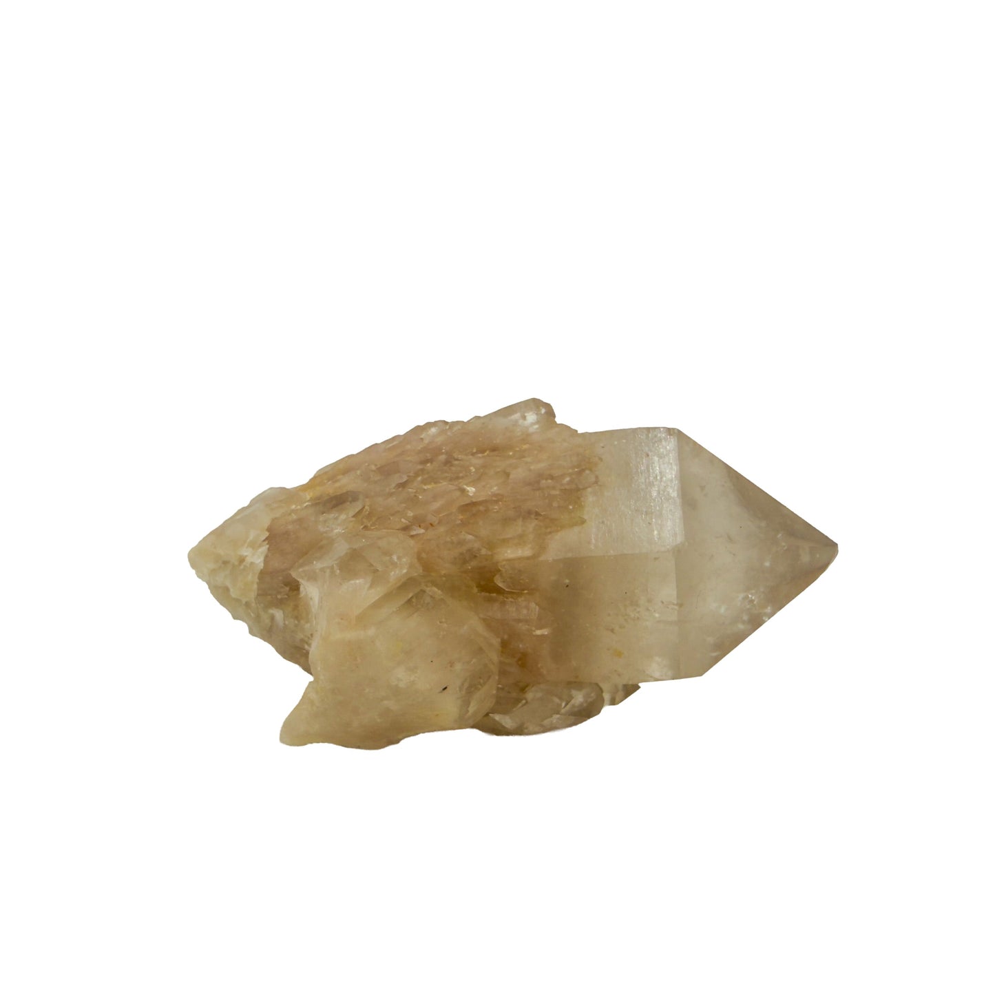 Left profile of a 0.23 pound natural citrine cluster, no. 34, showing pale amber crystal faces over a raw base.
