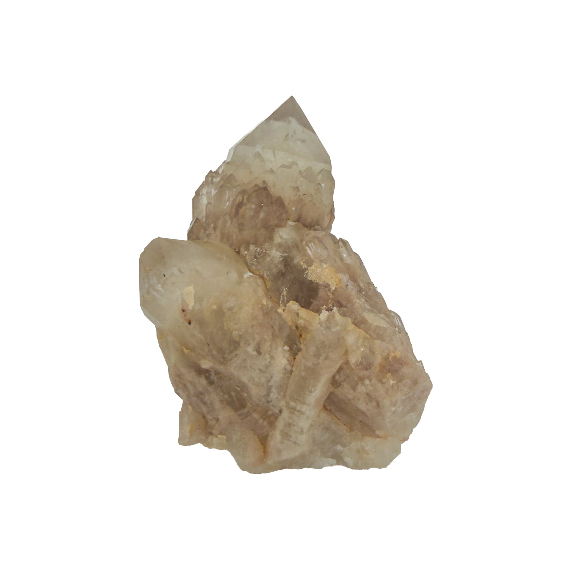 Top-down view of natural citrine no. 35, 3.43 inches across, terminations catching light along the top edge.
