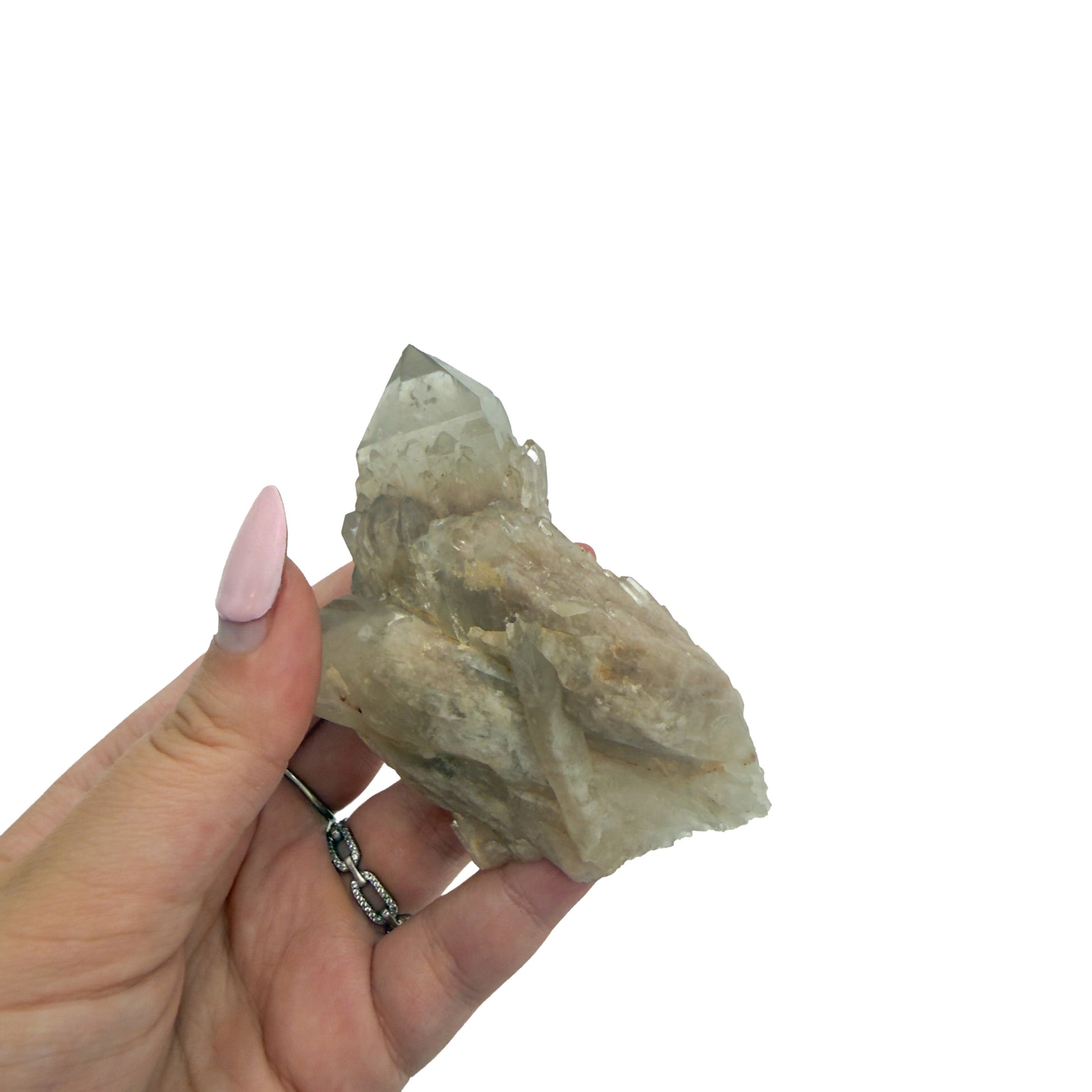 The 3.43 inch citrine cluster no. 35 shown in hand so its collector scale reads clearly.