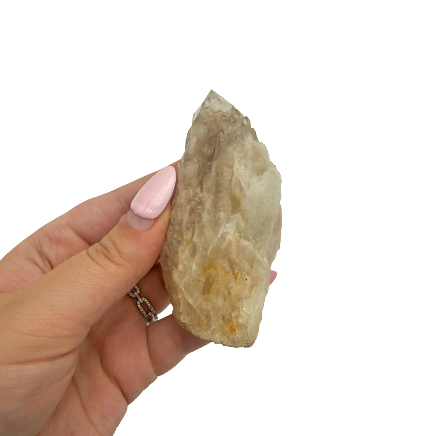 Natural citrine cluster no. 36 held in an open hand, showing the true scale of this 3.63 inch, 0.32 pound piece.