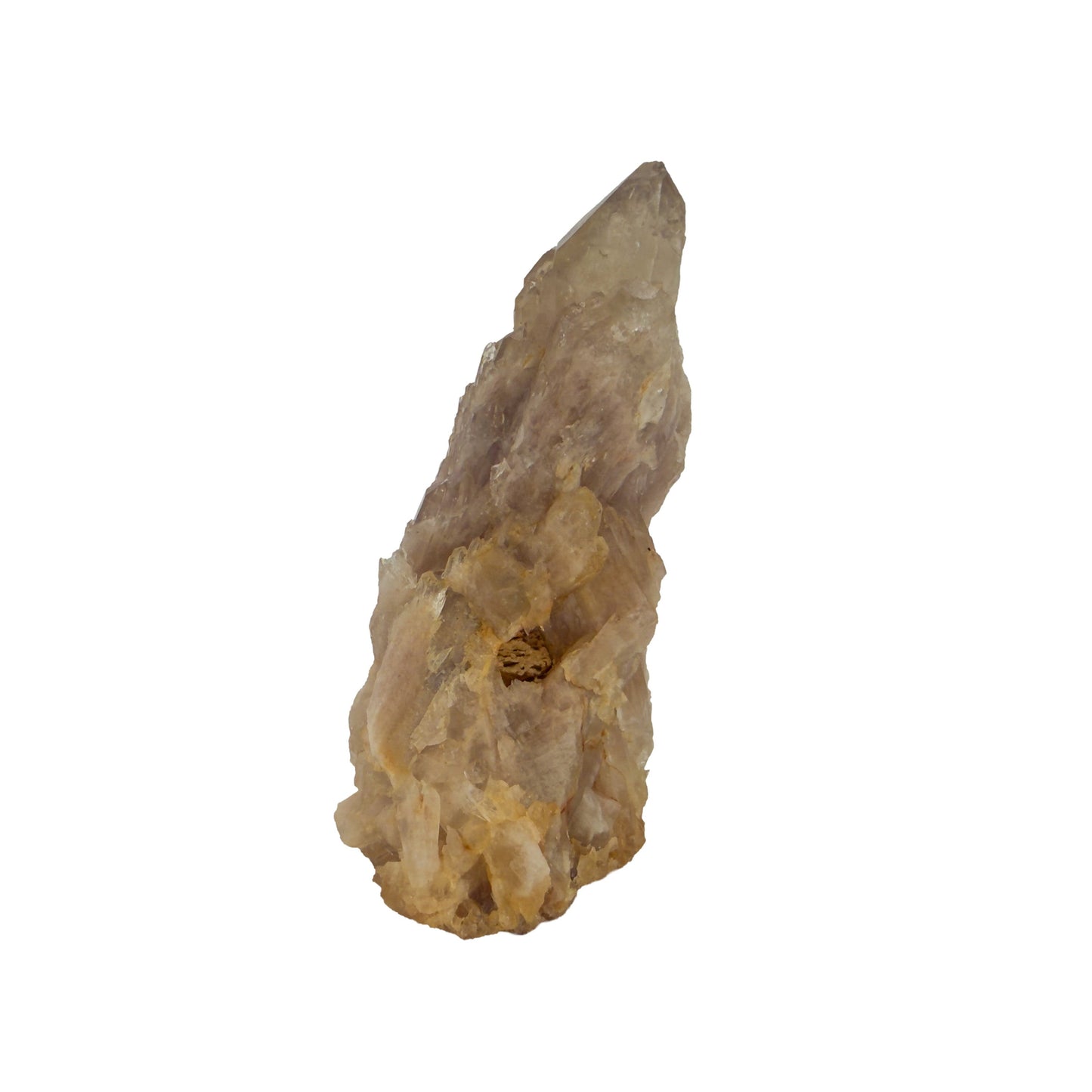 The angled three-quarter view of citrine cluster no. 37, 3.34 inches tall, soft golden colour with smoky grey zoning.