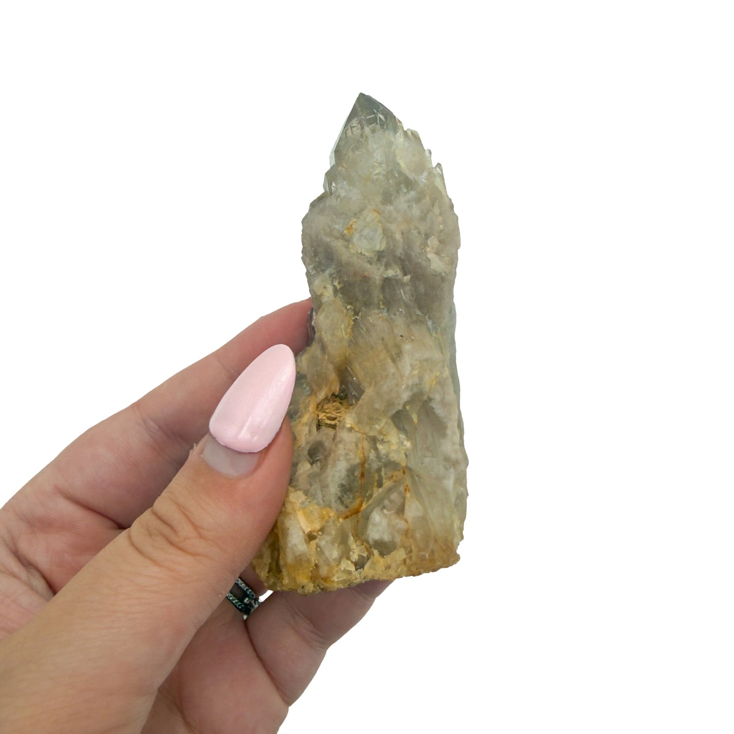 A hand holds citrine cluster no. 37 for scale, the 0.26 lb specimen sitting across the palm at 1.53 inches.
