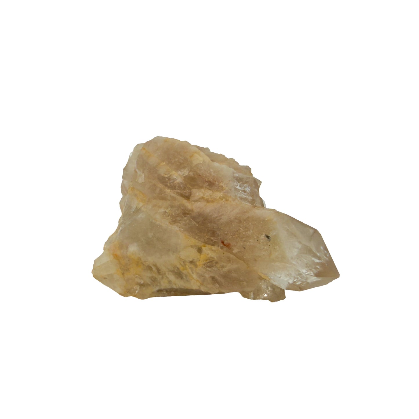 Angled three-quarter view of natural citrine no. 39, 2.94 inches across, terminations catching light along the top edge.