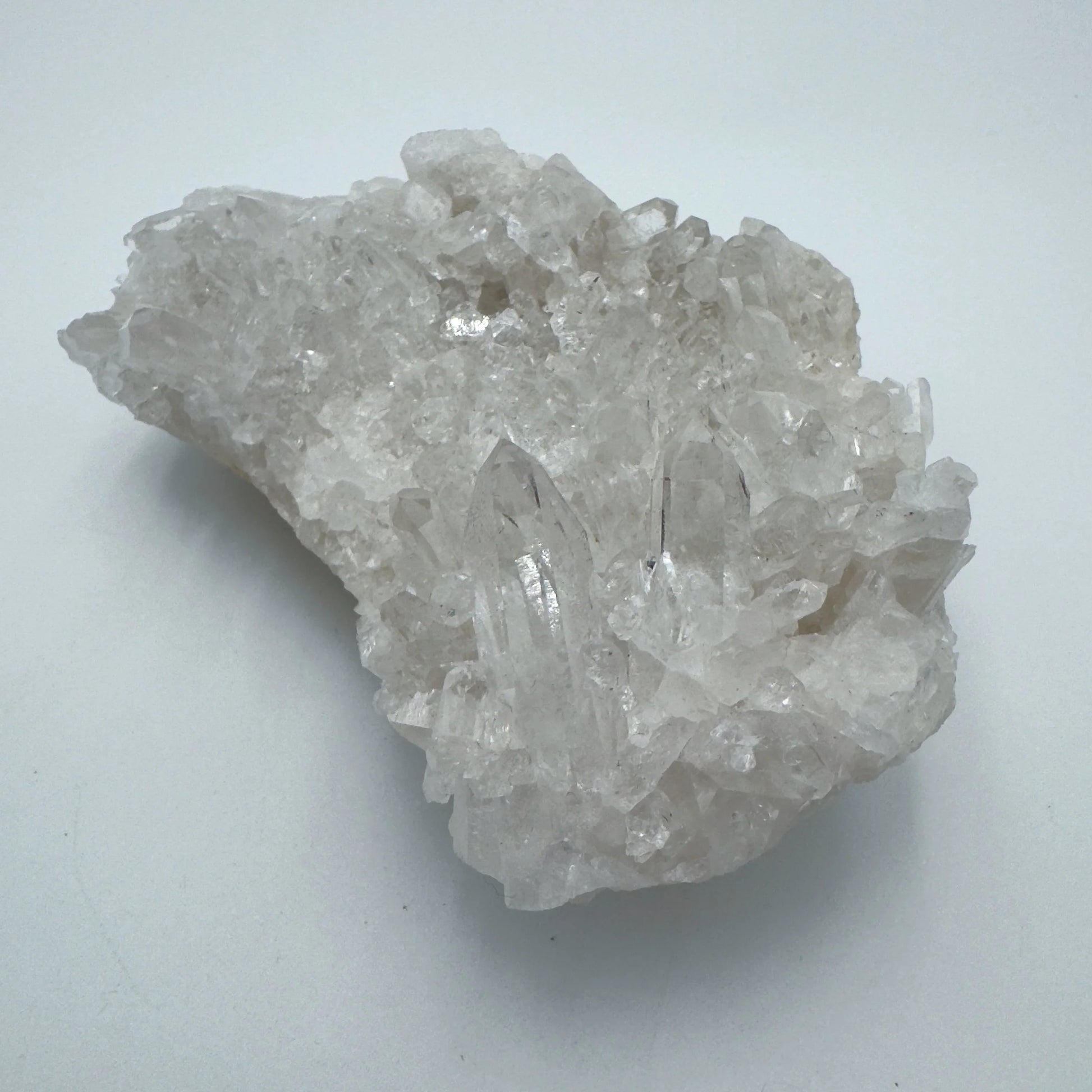Holding a Clear Quartz specimen, from Rio Grande do Sul, Brazil, set against a soft neutral surface.