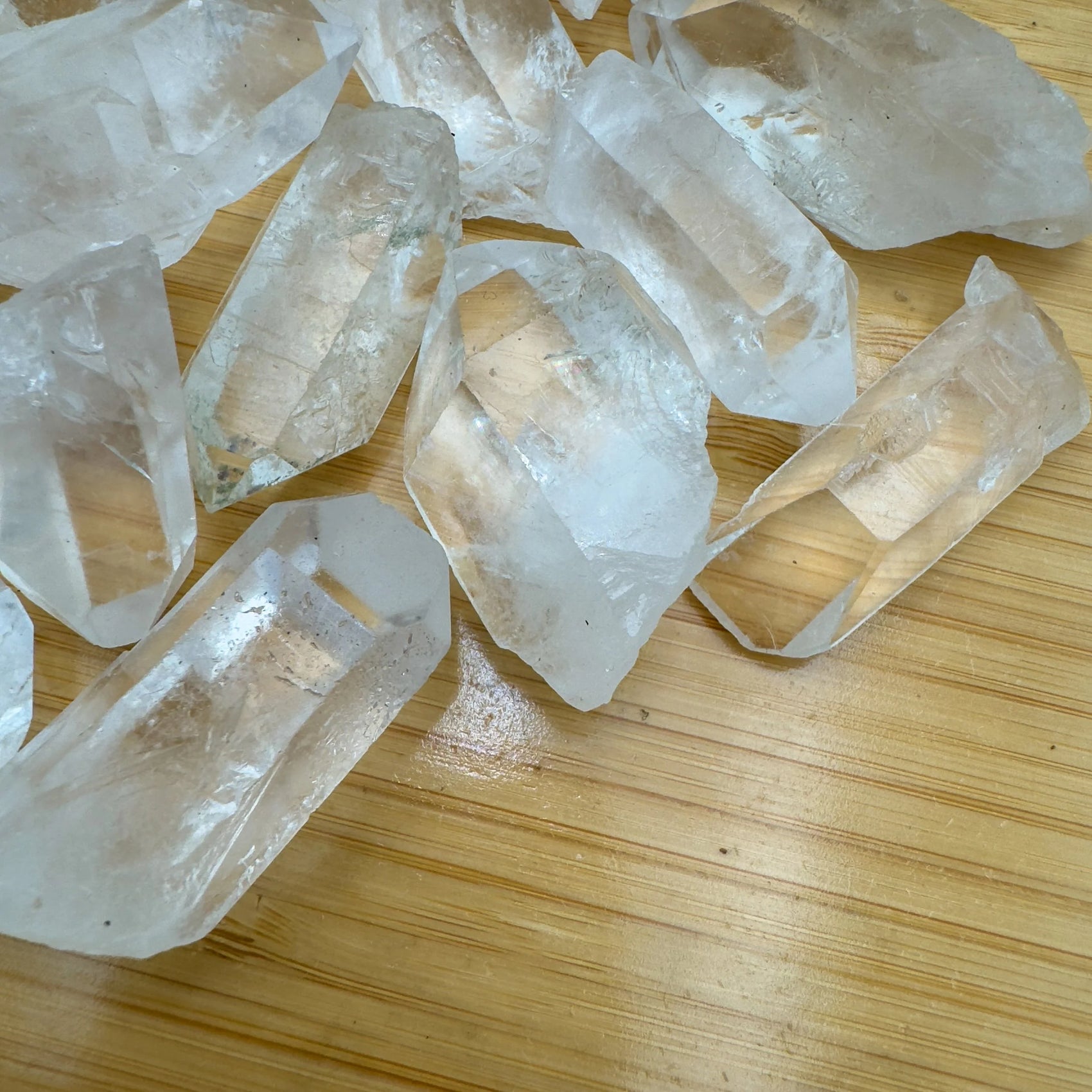 Macro view of Grade AA Clear Quartz raw point, carried for Cleansing and Meditation.