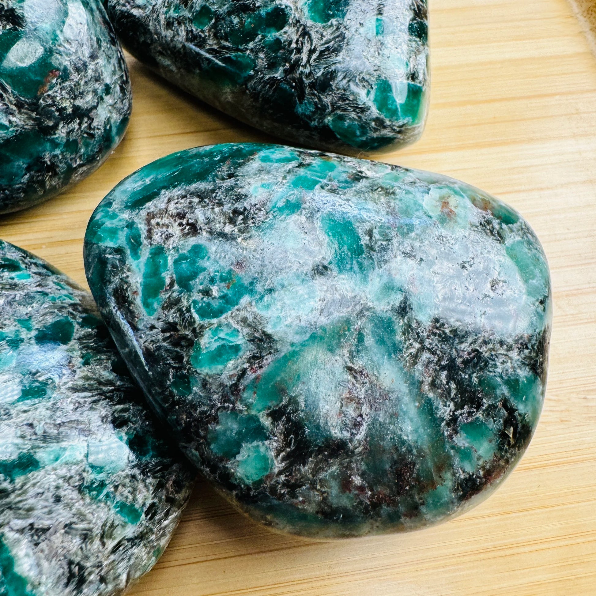 Daylight view of a Emerald palm stone held against natural backdrop.