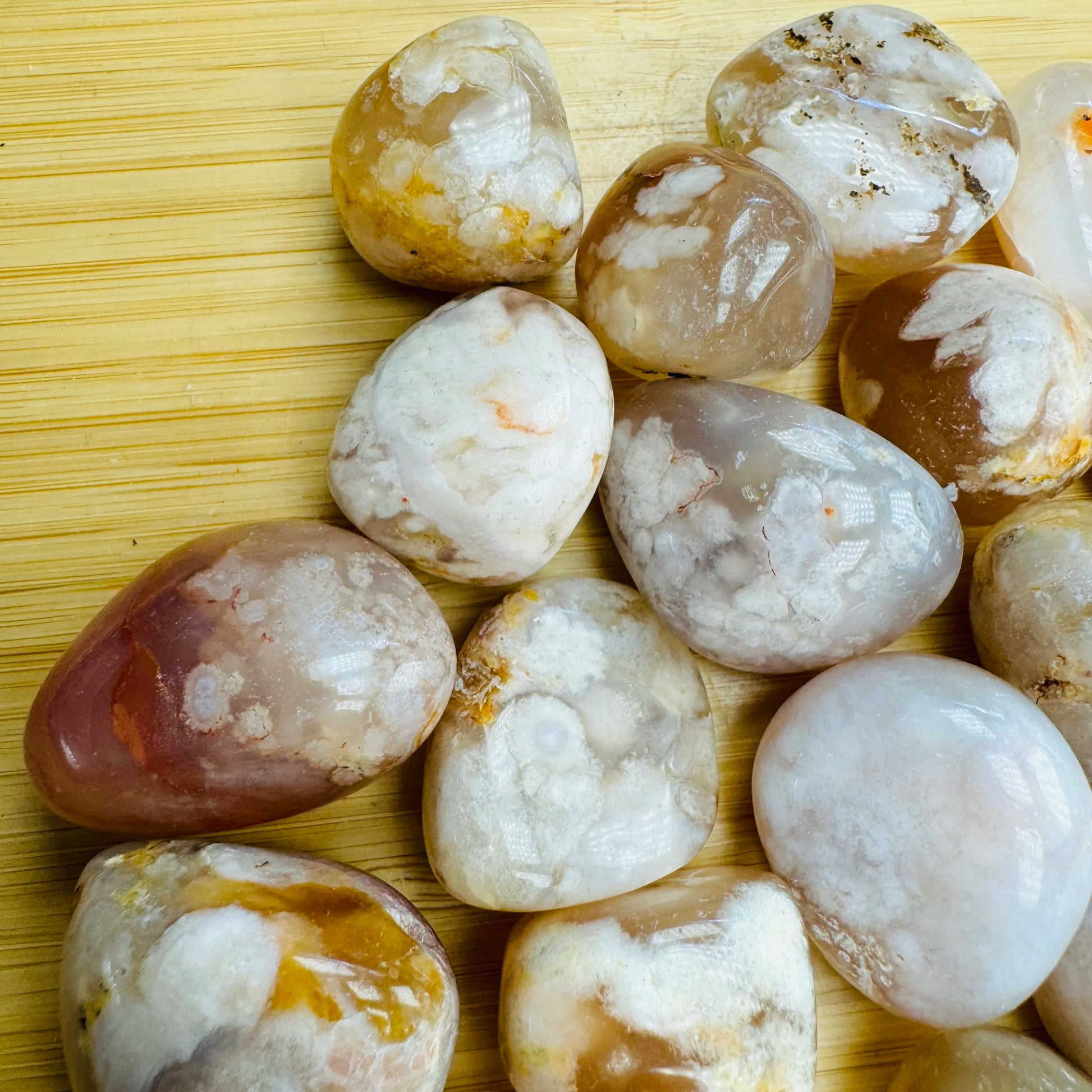 Top-down shot of Flower Agate tumbled stone, carried for Love.