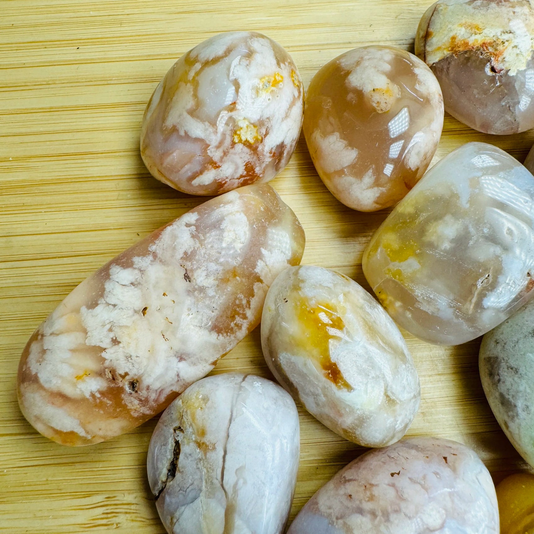 Opposite side of Flower Agate tumbled stone, turned to for Love.