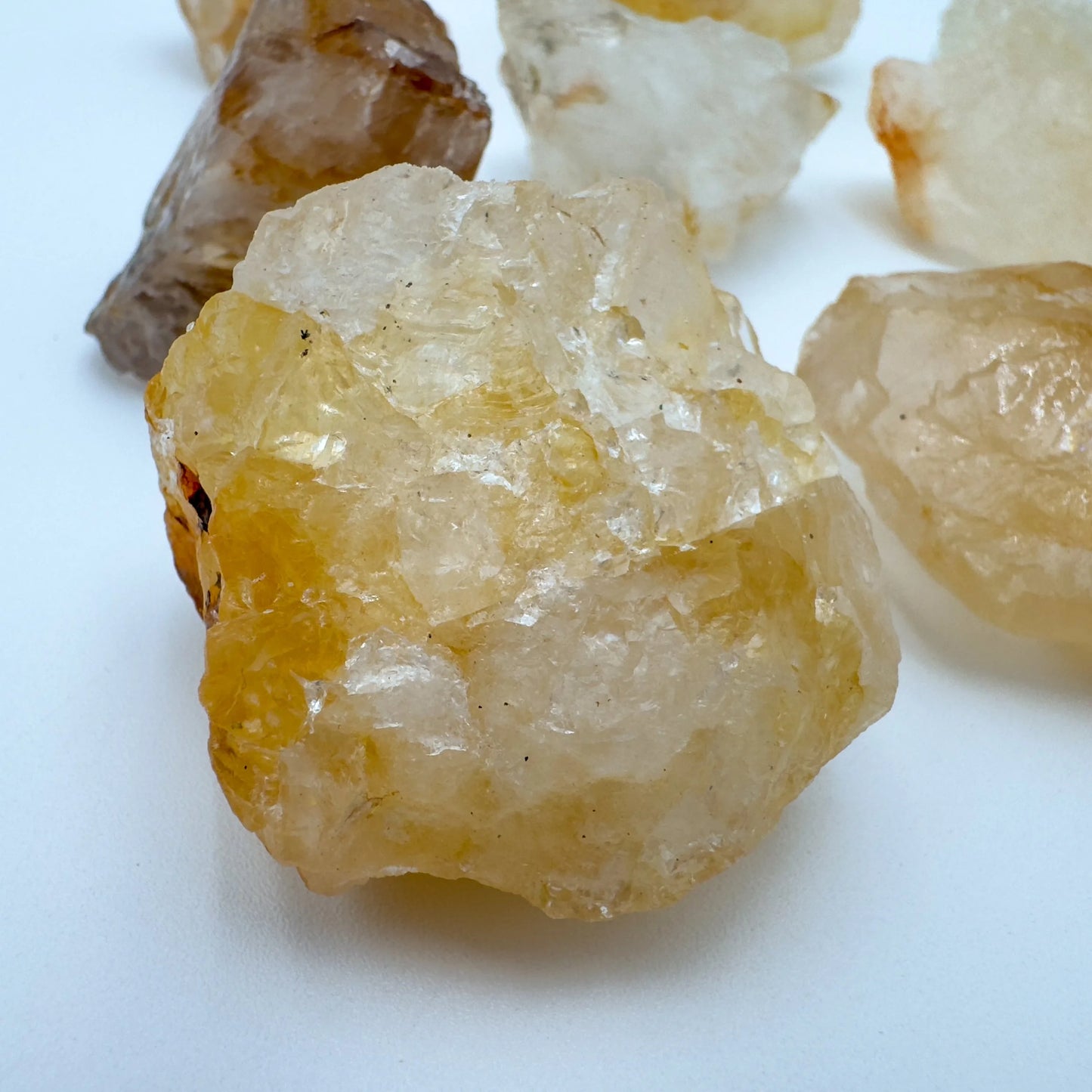 Sideways view of Golden Healer raw stone, showing honest grain, from Minas Gerais, Brazil.