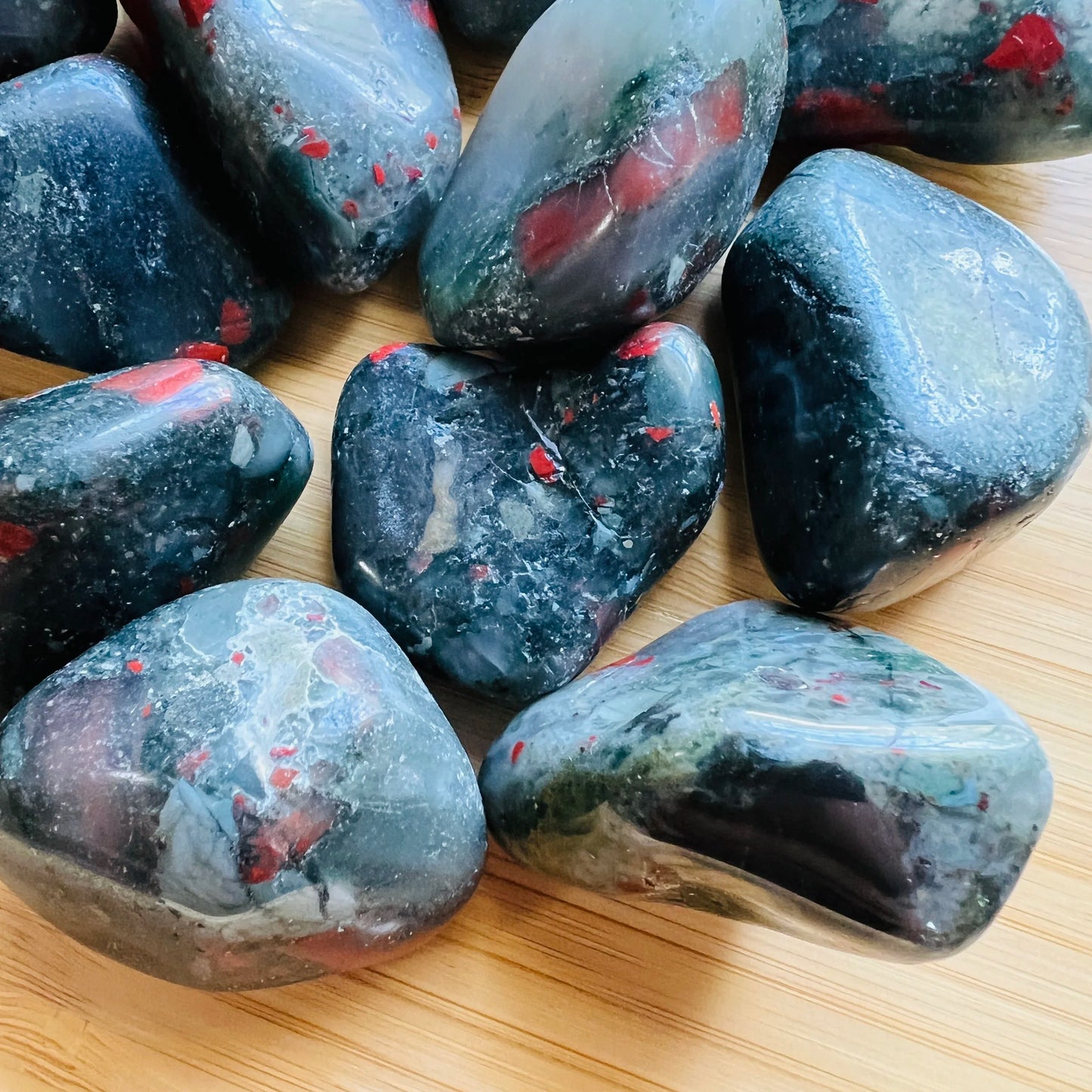 Full profile of Grade AA Bloodstone tumbled stone ready to ship from Beyond Bohemian