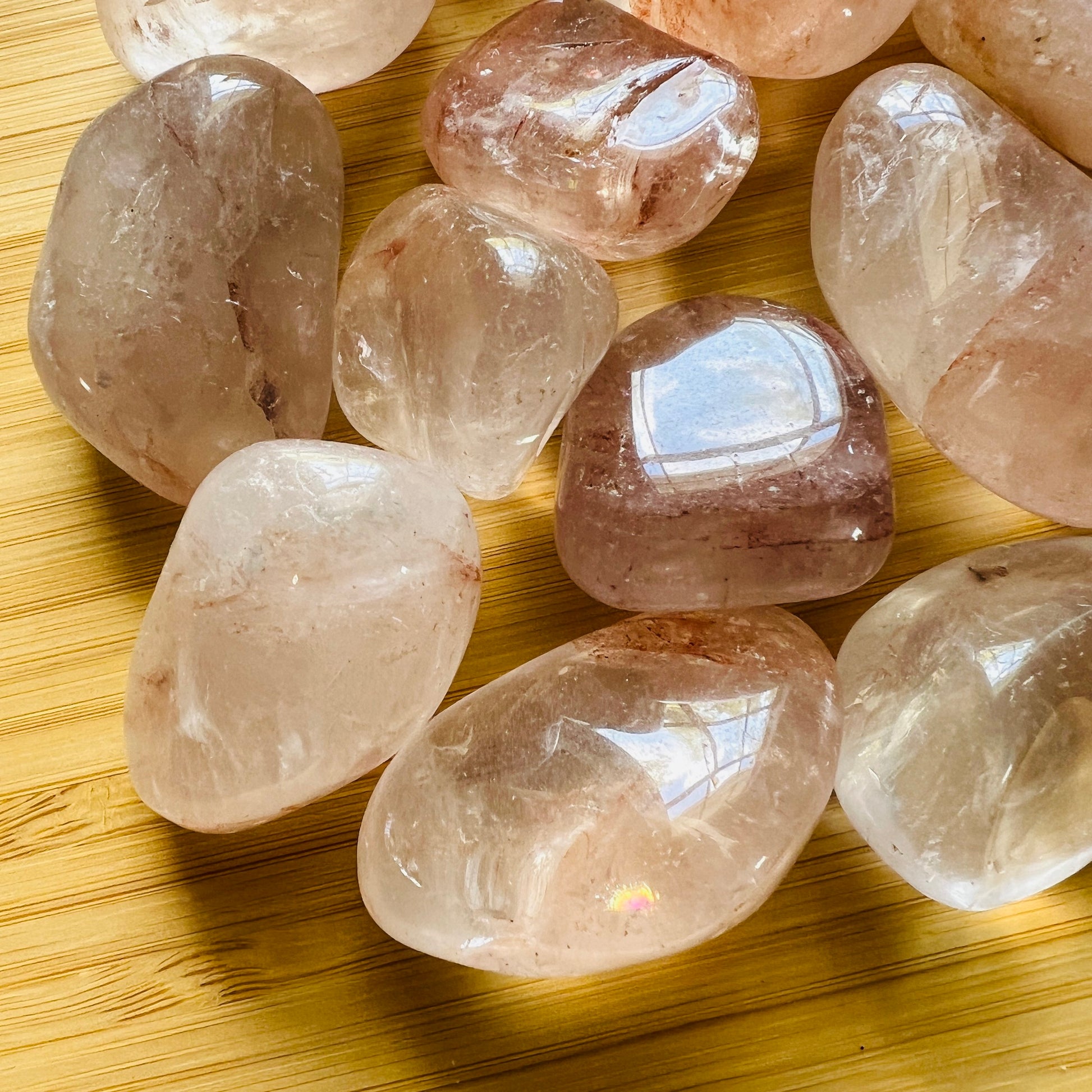 Full profile of Grade AA Fire Quartz tumbled stone ready to ship from Beyond Bohemian