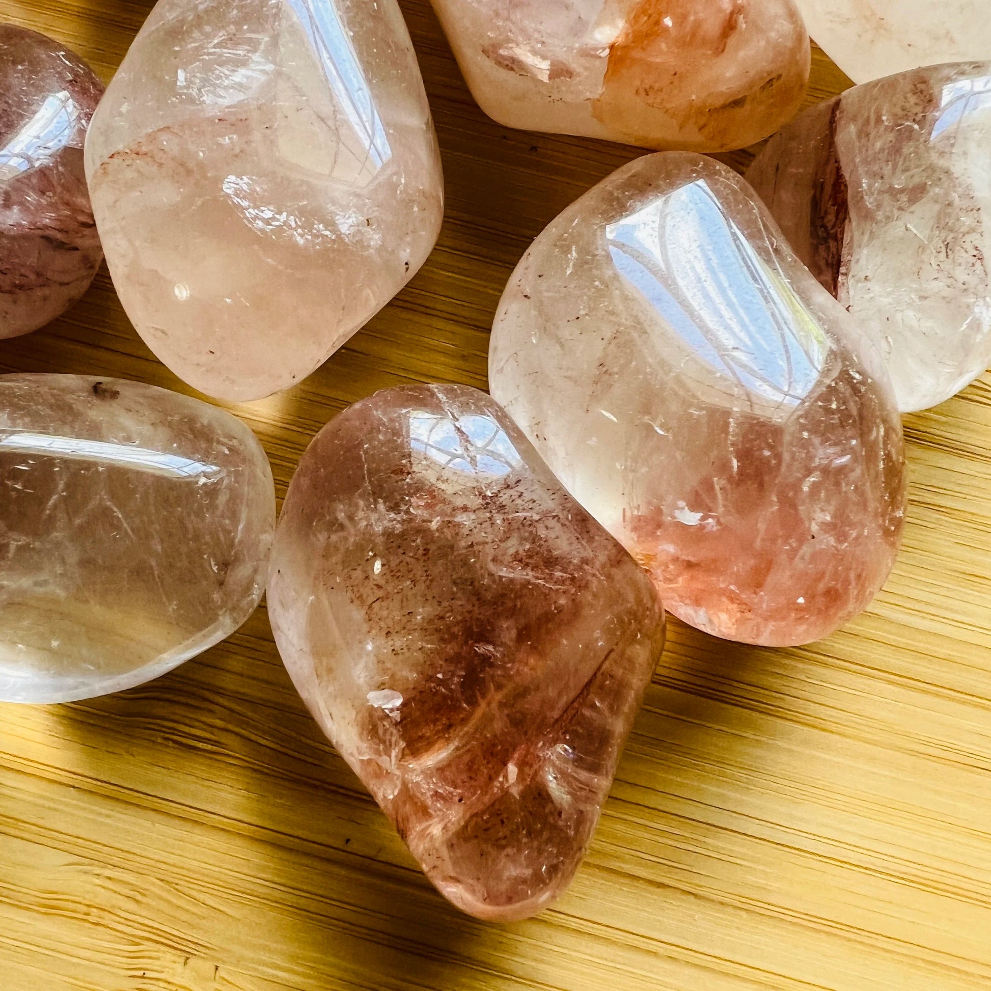 Full profile of Grade AA Fire Quartz tumbled stone ready to ship from Beyond Bohemian