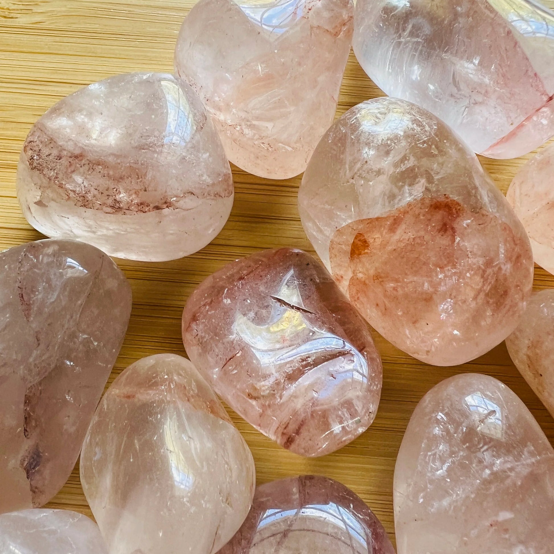 Full profile of Grade AA Fire Quartz tumbled stone ready to ship from Beyond Bohemian