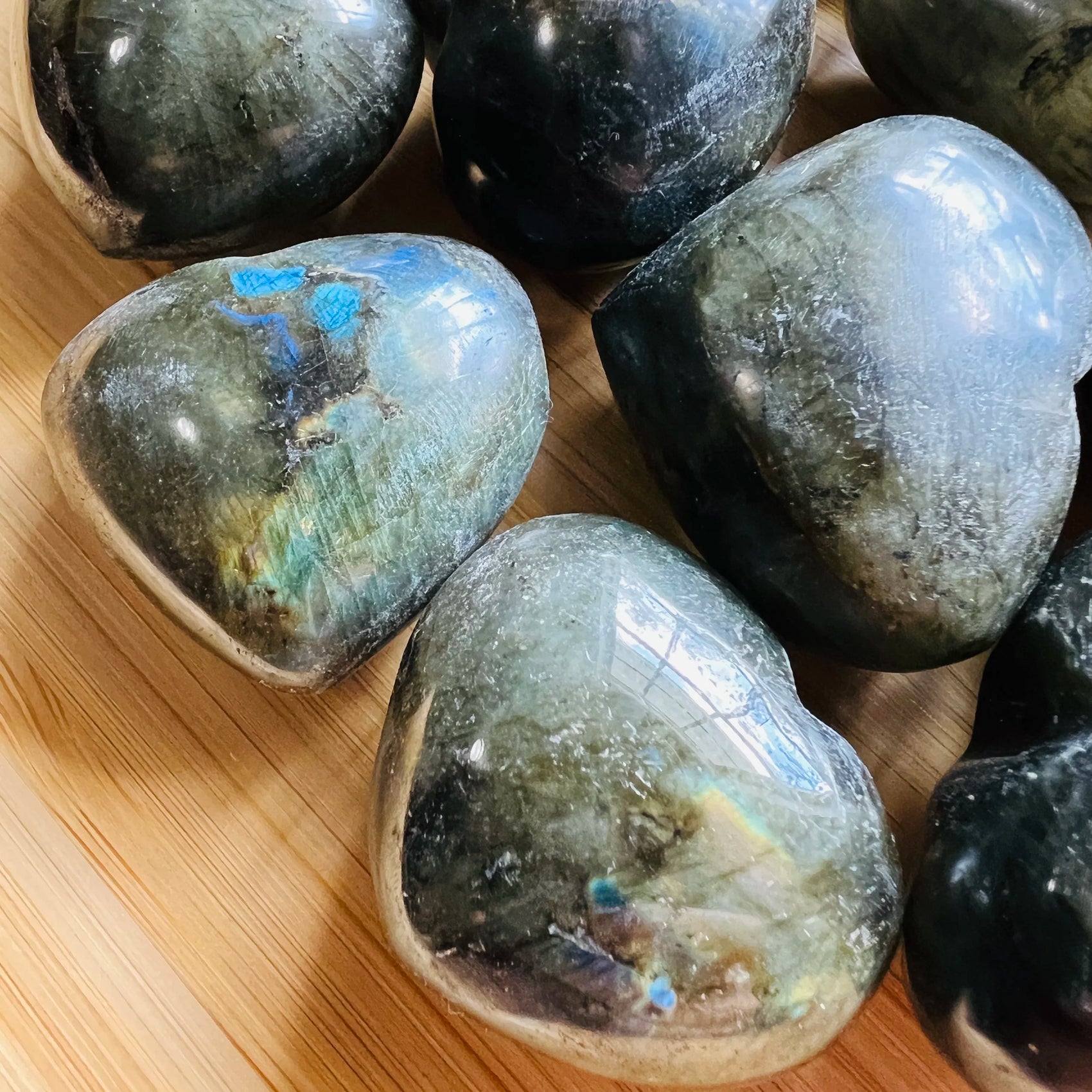 Aerial view of Labradorite polished heart, sourced from Atsimo-Andrefana, Madagascar.