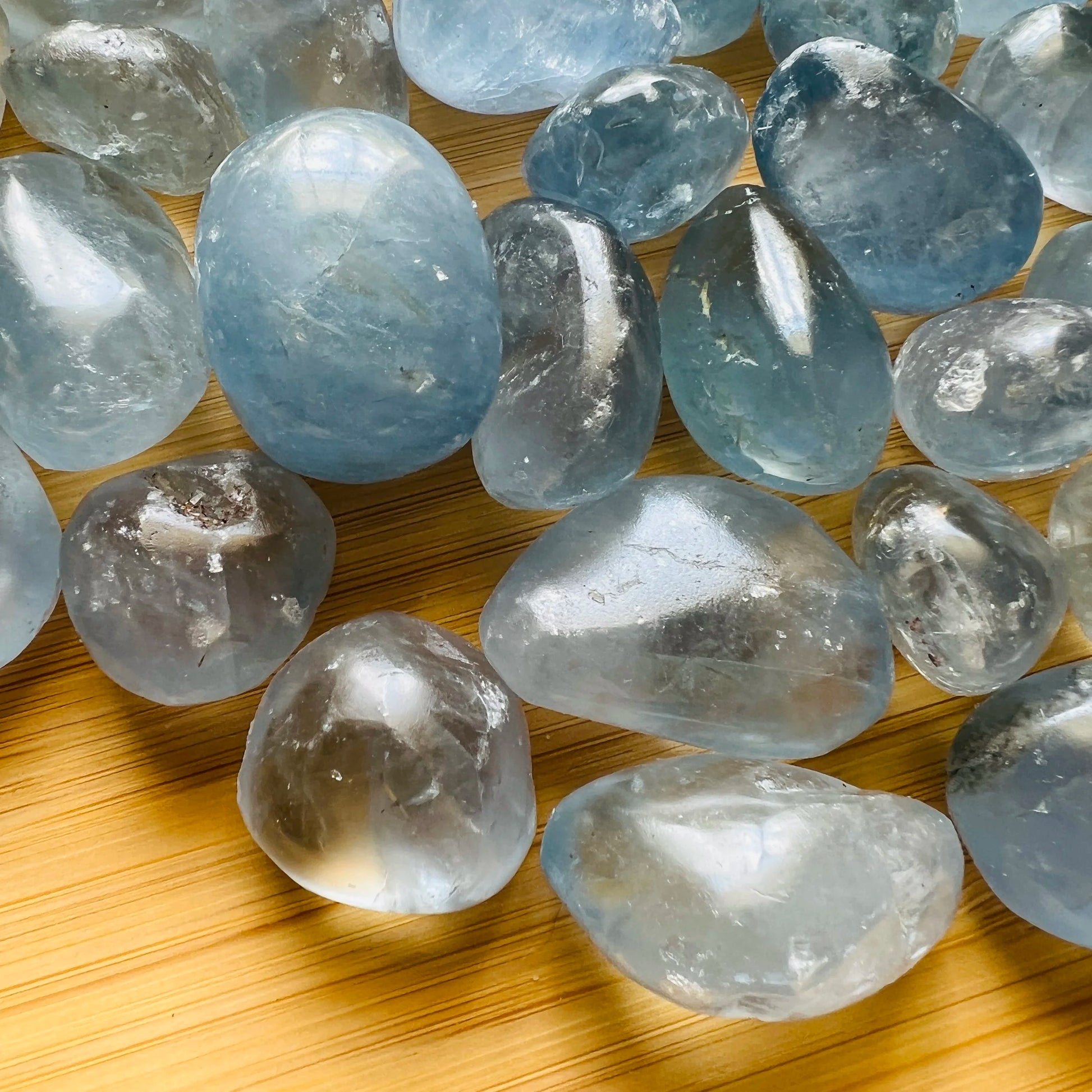 Surface detail of Celestite tumbled stone, from Sakoany, Madagascar, showing natural variation.