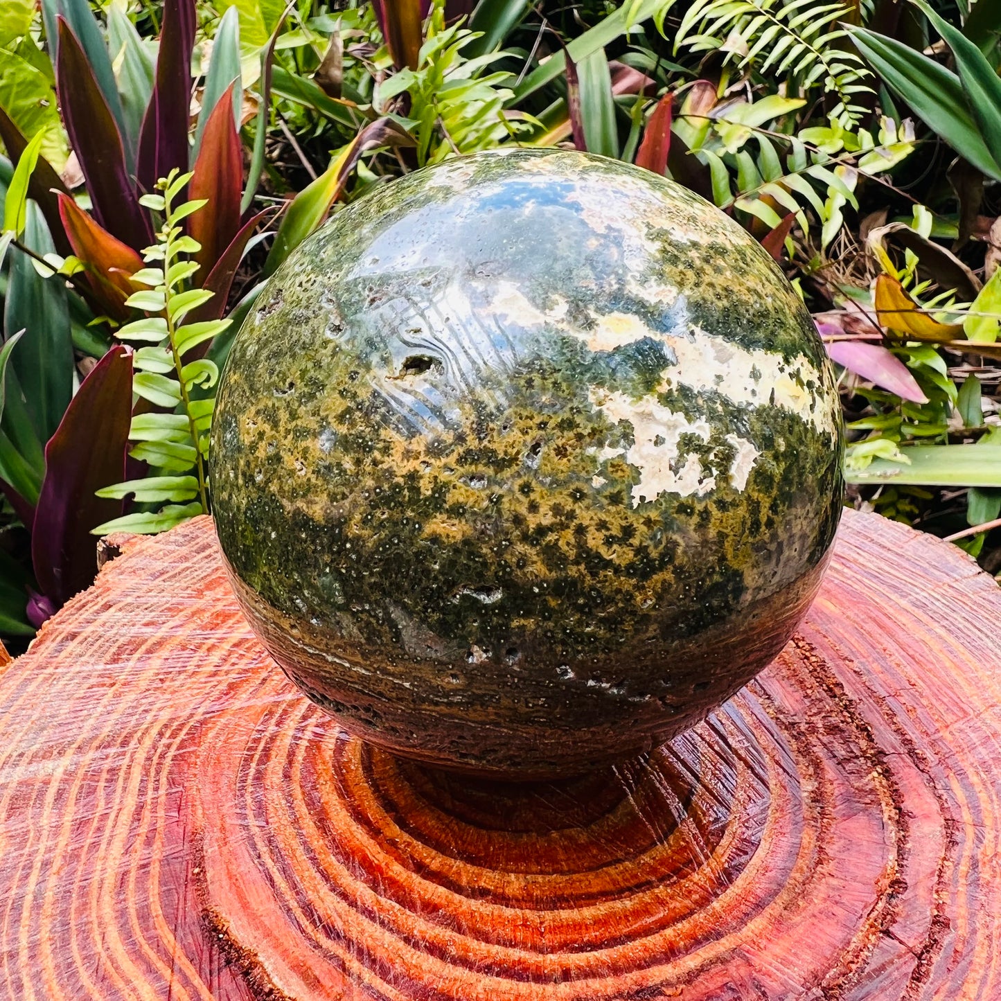 Back view of Grade AA Ocean Jasper sphere showing natural surface