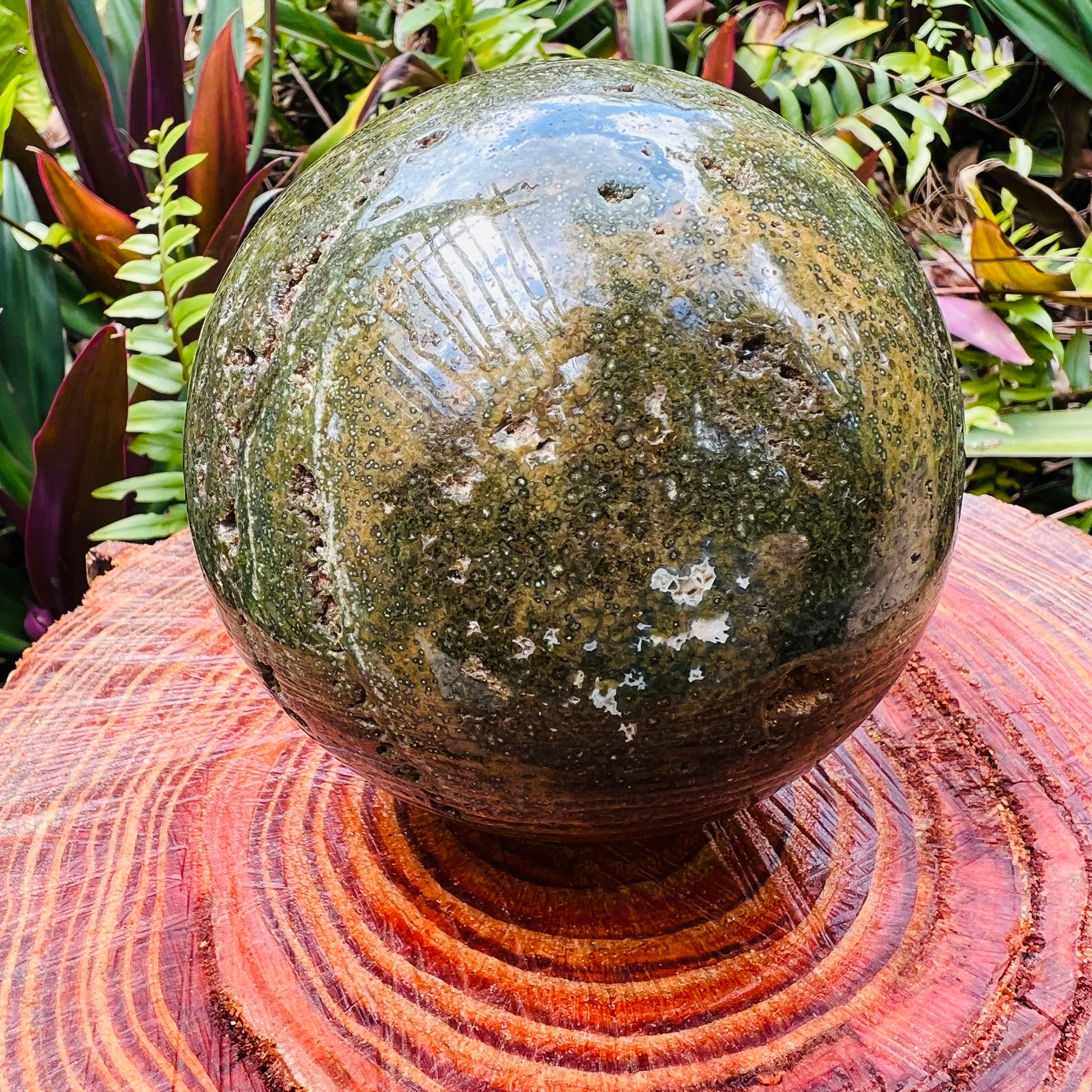 Full profile of Grade AA Ocean Jasper sphere ready to ship from Beyond Bohemian