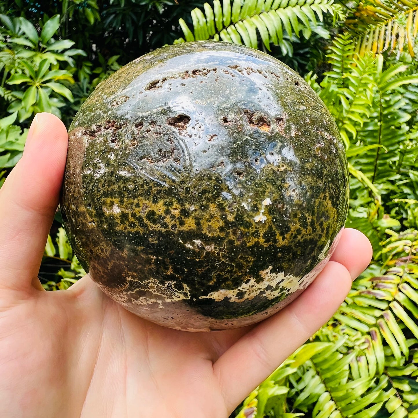 Alternate side of Ocean Jasper polished sphere, traditionally used for Emotional Healing.