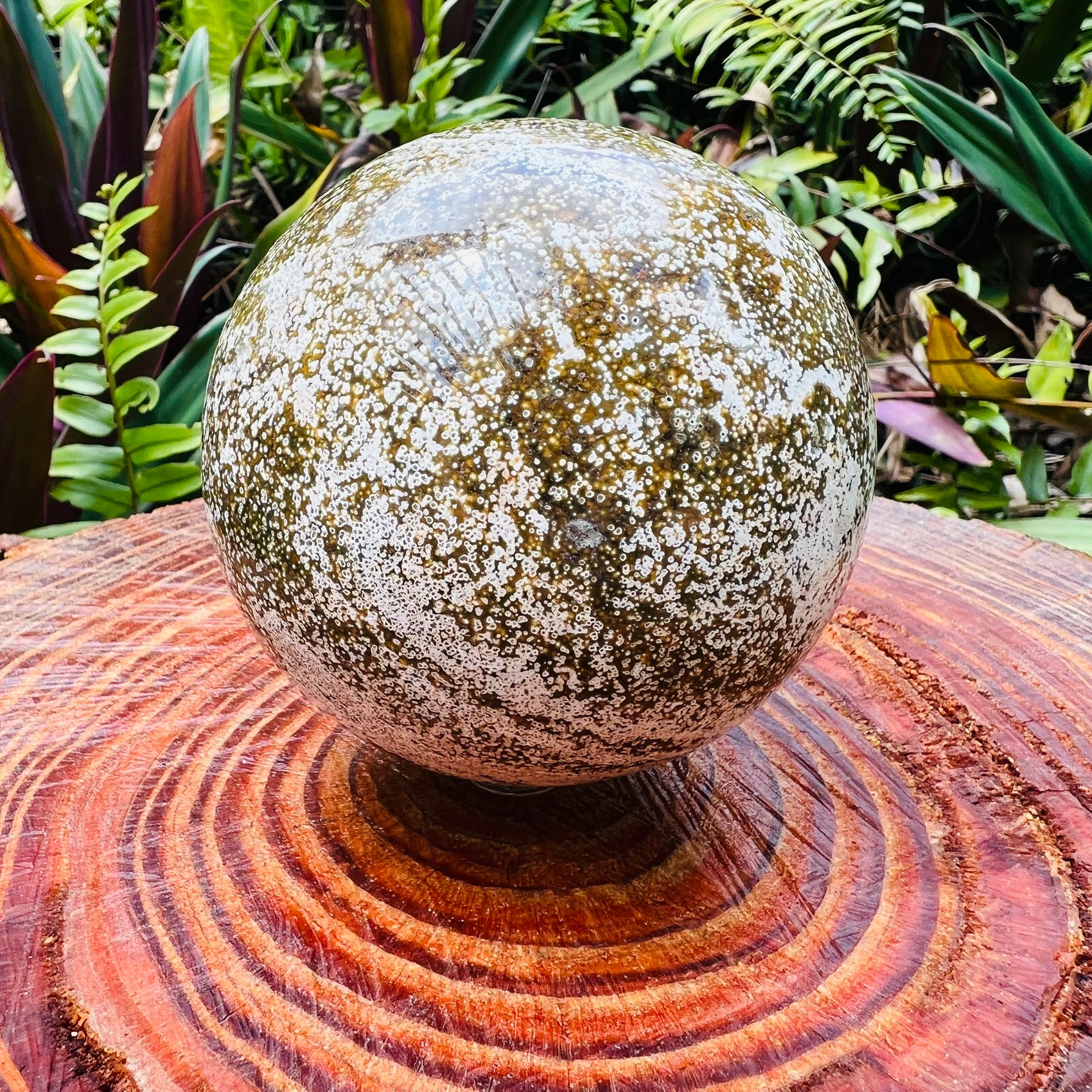 Full profile of Grade AA Ocean Jasper sphere ready to ship from Beyond Bohemian