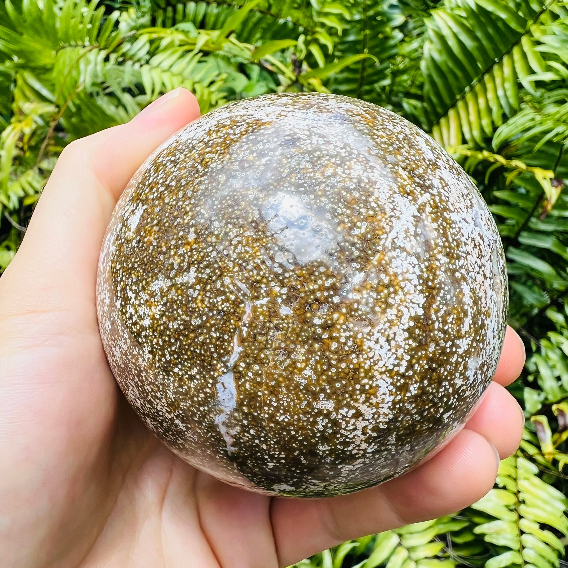 Lifestyle view of one Ocean Jasper polished sphere for scale, hand-selected from Sofia, Madagascar.